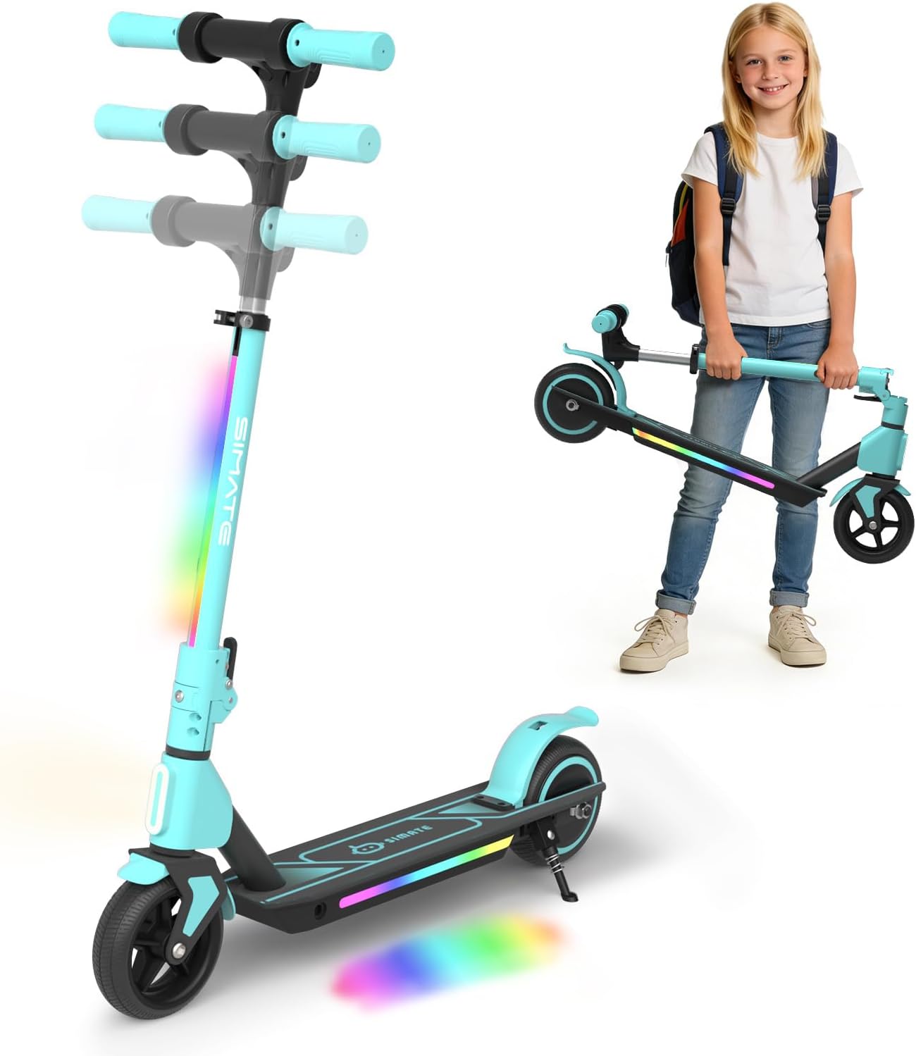 Electric Scooter for Kids Ages 6-14, 3 Adjustable Heights 34"/37"/39", LED Display & Colorful Lights, Foldable Kids Electric Scooter, 8.7 MPH Safe Speed, Gifts for Boys Girls