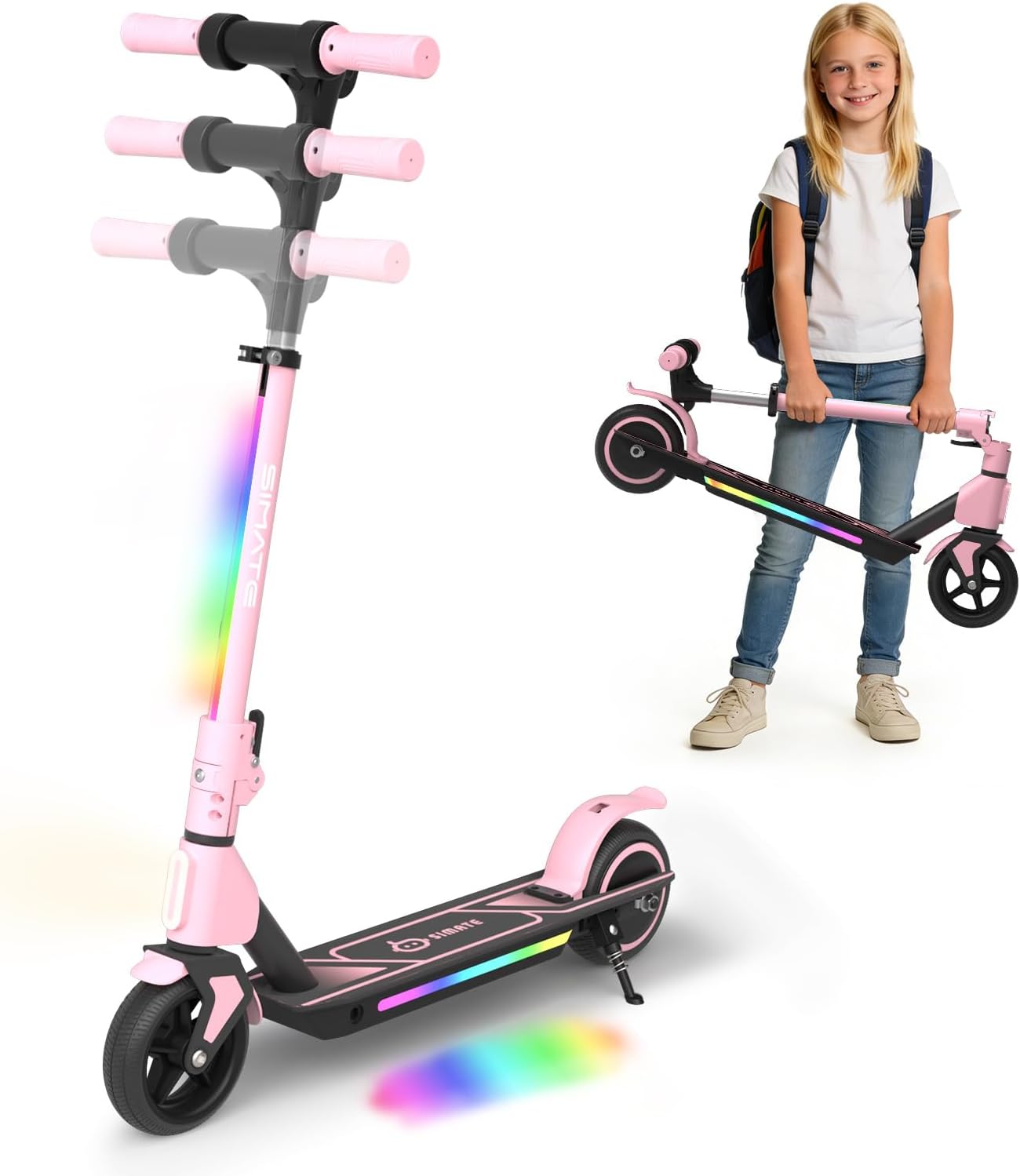 Electric Scooter for Kids Ages 6-14, 3 Adjustable Heights 34"/37"/39", LED Display & Colorful Lights, Foldable Kids Electric Scooter, 8.7 MPH Safe Speed, Gifts for Boys Girls