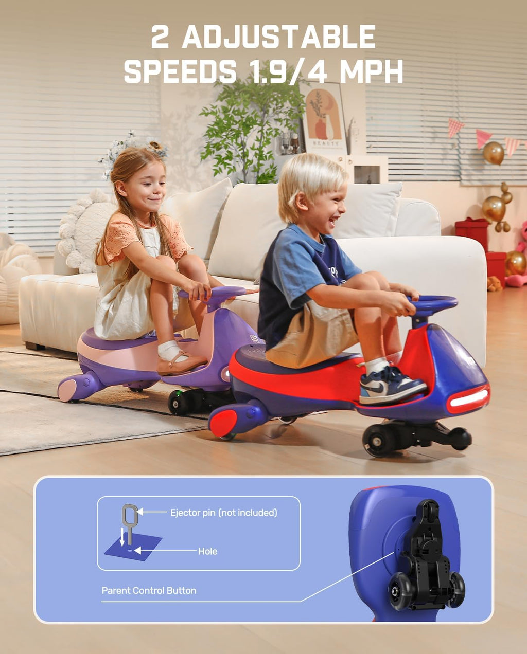 Tengen N7 Pro Electric Wiggle Car with Pedal, Rechargeable Battery, CyberWiggle, 2 in 1 Swing Car, 2 Speeds Max 4 Mph, Anti-Rollover, Flashing Wheels, Bluetooth, for Ages 3 and Up, 150 Lbs