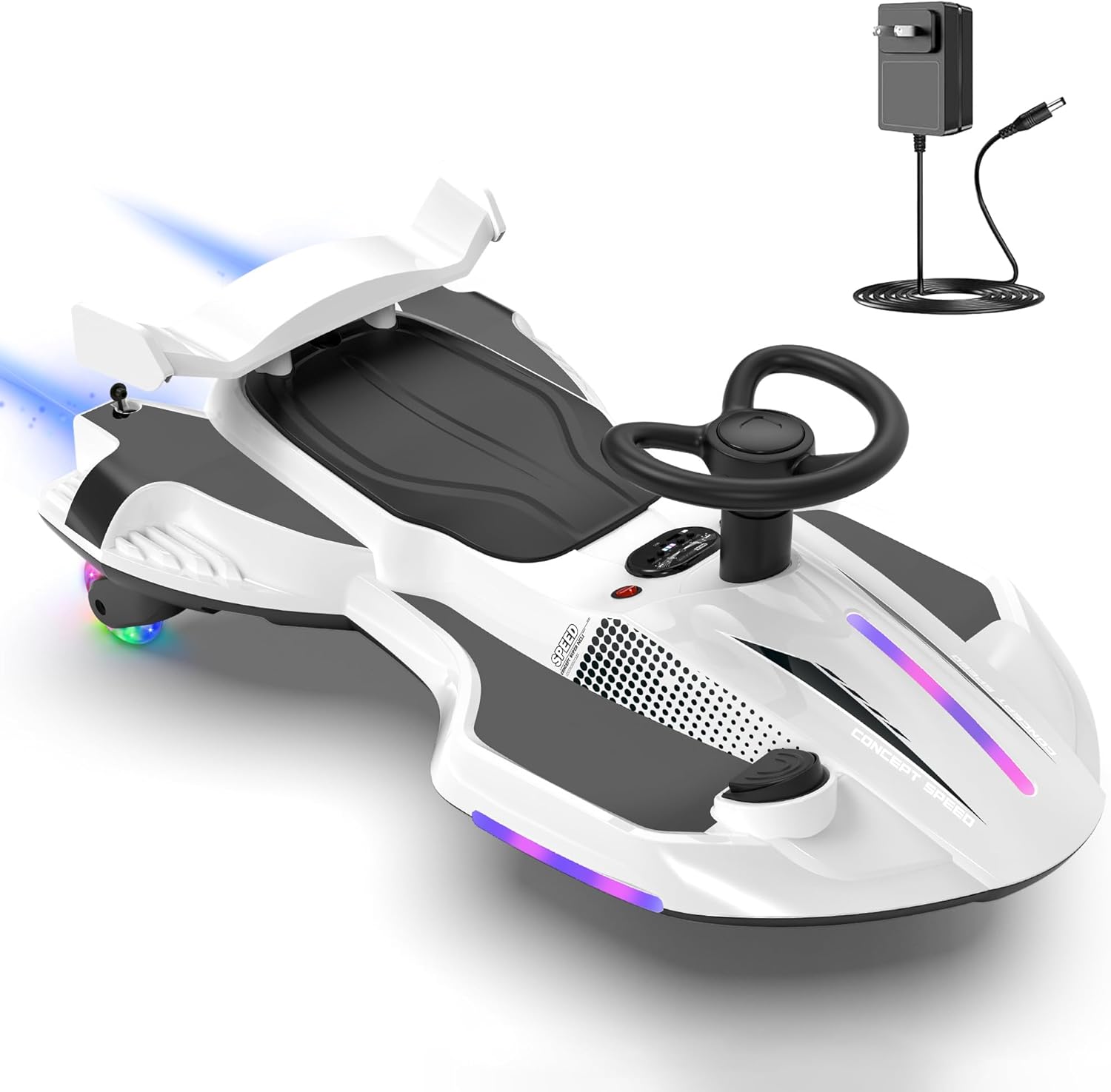 12V Electric Wiggle Car with Pedal for Kids, Rechargeable 2 in 1 Swing Car, Drifting Ride On Toys with Backrest, Anti-Rollover, Spray, Flashing Light, Music, for Ages 3 and Up