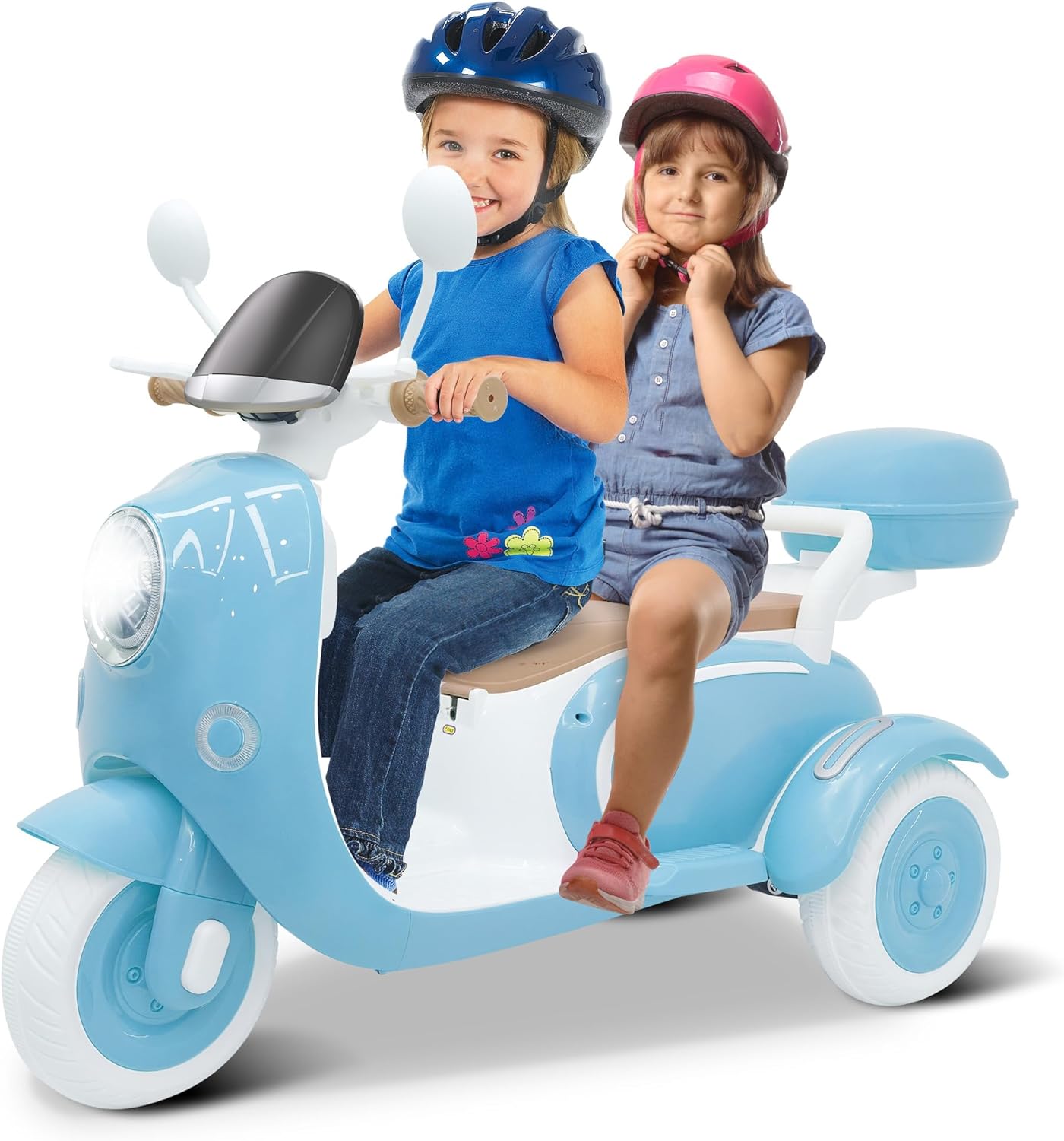 12V Kids Electric Motorcycle, 3 Wheel 2 Seater Ride on Motorcycle with 2.4G Parental Remote Control, Music, Horn, Light, Big Storage Box, Dual Motor Electric Motorcycle for Kids 3-8