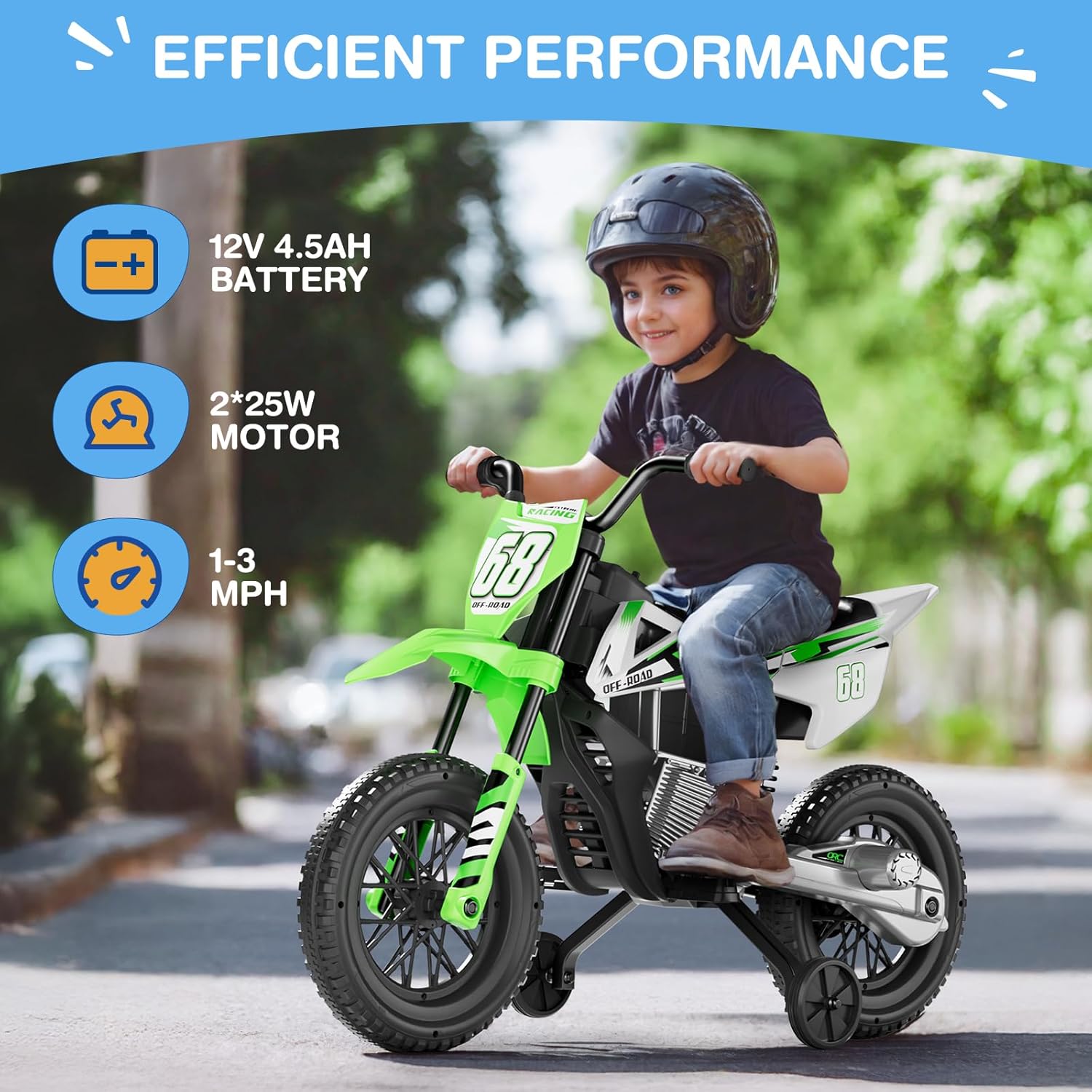 S6 12V Kids Motorcycle, 2x25W Ride on Motorbike, Equipped with Safety Training Wheels, Self-Control Throttle Grip, Bluetooth, Multi Music, Spring Suspension, Idea Present for Little Kids