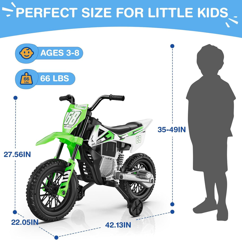S6 12V Kids Motorcycle, 2x25W Ride on Motorbike, Equipped with Safety Training Wheels, Self-Control Throttle Grip, Bluetooth, Multi Music, Spring Suspension, Idea Present for Little Kids