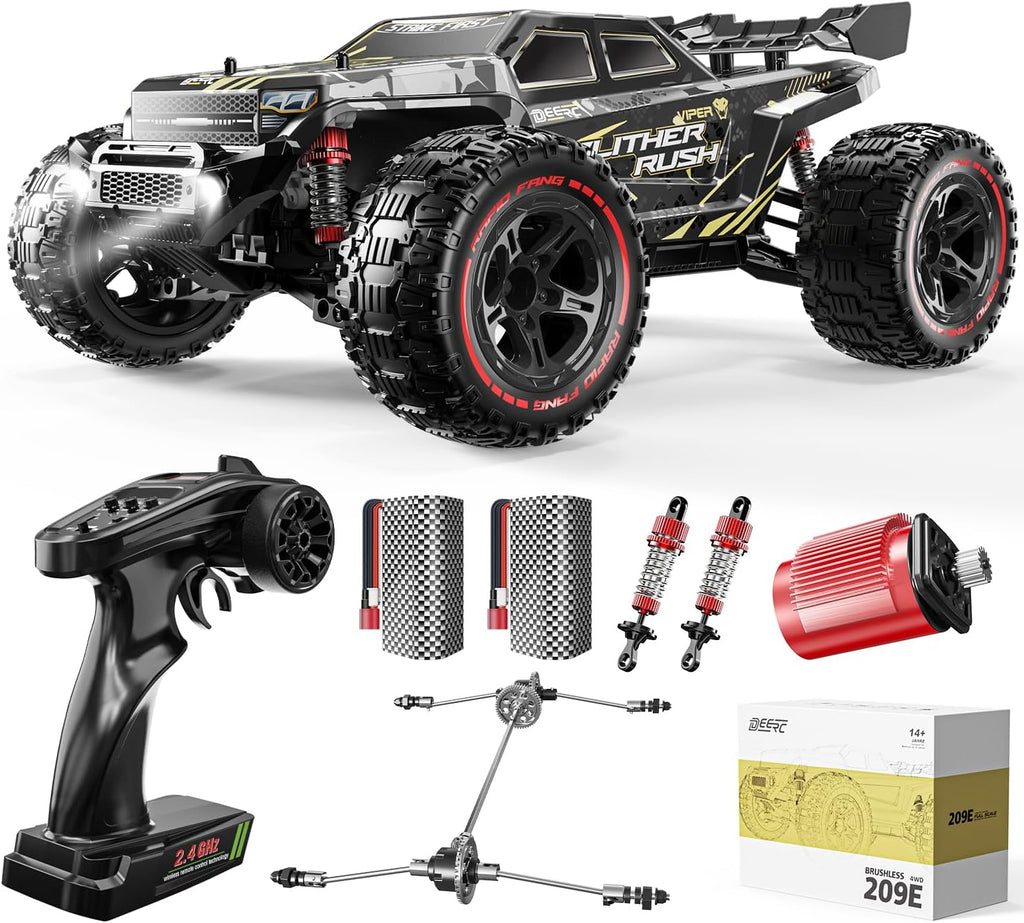 DEERC 209E 1:10 Brushless RC Truck, 60+ KMH High Speed 4WD All Terrain Off-Road Hobby Grade RC Car, Waterproof Crawler Buggy with 2x3S Batteries & Extra Swing Arms, Gift for Adults & Boys