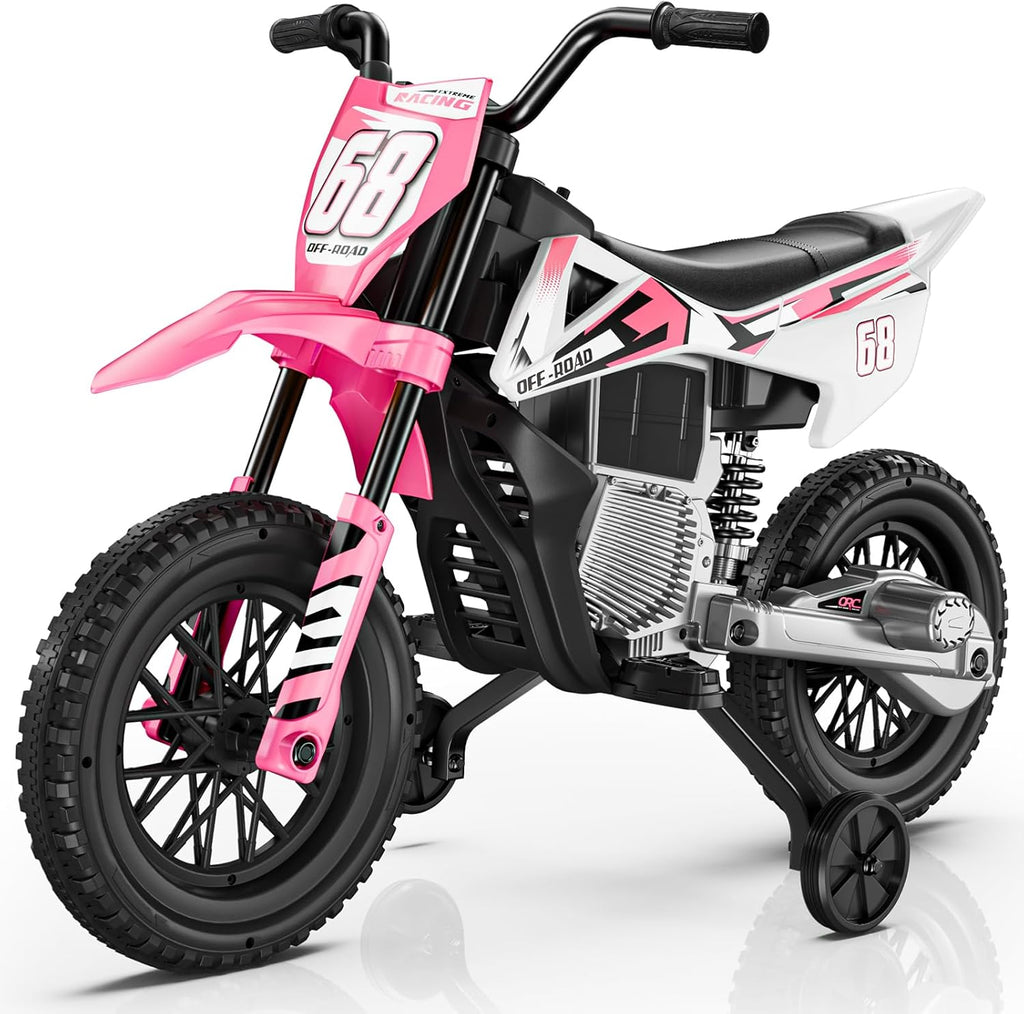 S6 12V Kids Motorcycle, 2x25W Ride on Motorbike, Equipped with Safety Training Wheels, Self-Control Throttle Grip, Bluetooth, Multi Music, Spring Suspension, Idea Present for Little Kids