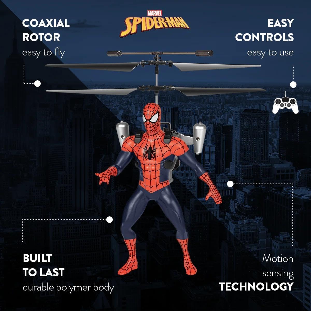 World Tech Toys Marvel Spider-Man IR RC Flying Figure – Jetpack Helicopter with LED Lights & Action Phrases, Twin Rotors - Spiderman Toys for Ages 8+