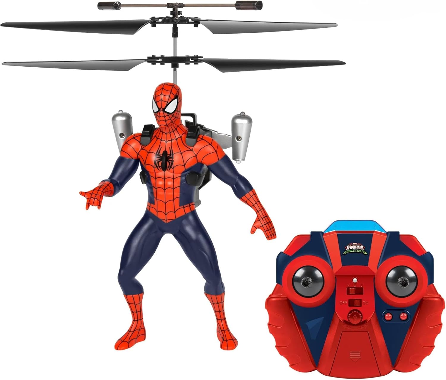 World Tech Toys Marvel Spider-Man IR RC Flying Figure – Jetpack Helicopter with LED Lights & Action Phrases, Twin Rotors - Spiderman Toys for Ages 8+