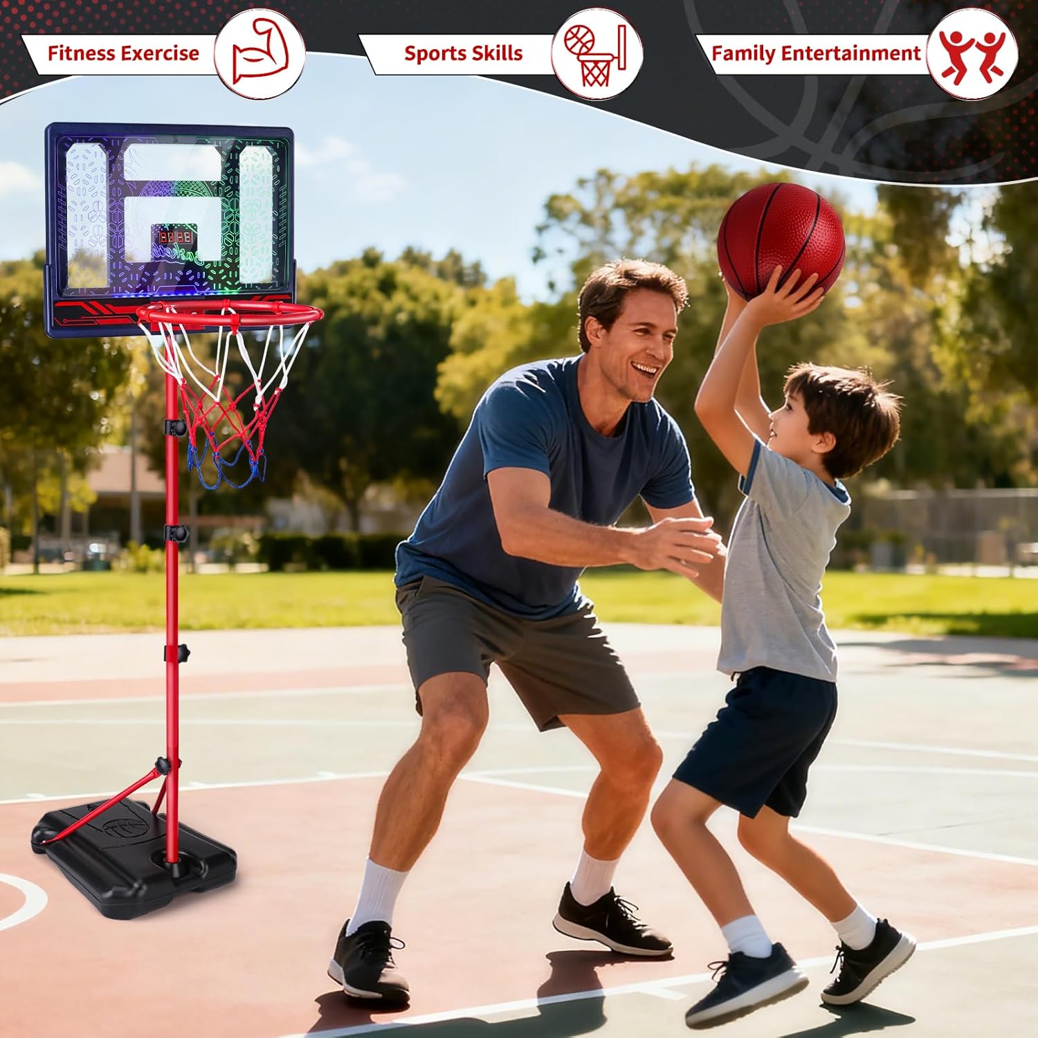 Basketball Hoop for Kids 3 4 5 6 7 8 Years Old, Electronic Basketball Goal with Adjustable Stand, 7 LED Lights & Scoreboard, Indoor Outdoor Sports Toy, Birthday for Kids Boys Ages 3-12
