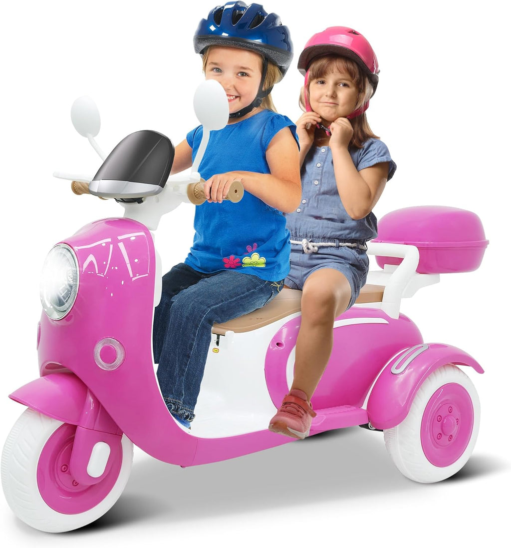 12V Kids Electric Motorcycle, 3 Wheel 2 Seater Ride on Motorcycle with 2.4G Parental Remote Control, Music, Horn, Light, Big Storage Box, Dual Motor Electric Motorcycle for Kids 3-8