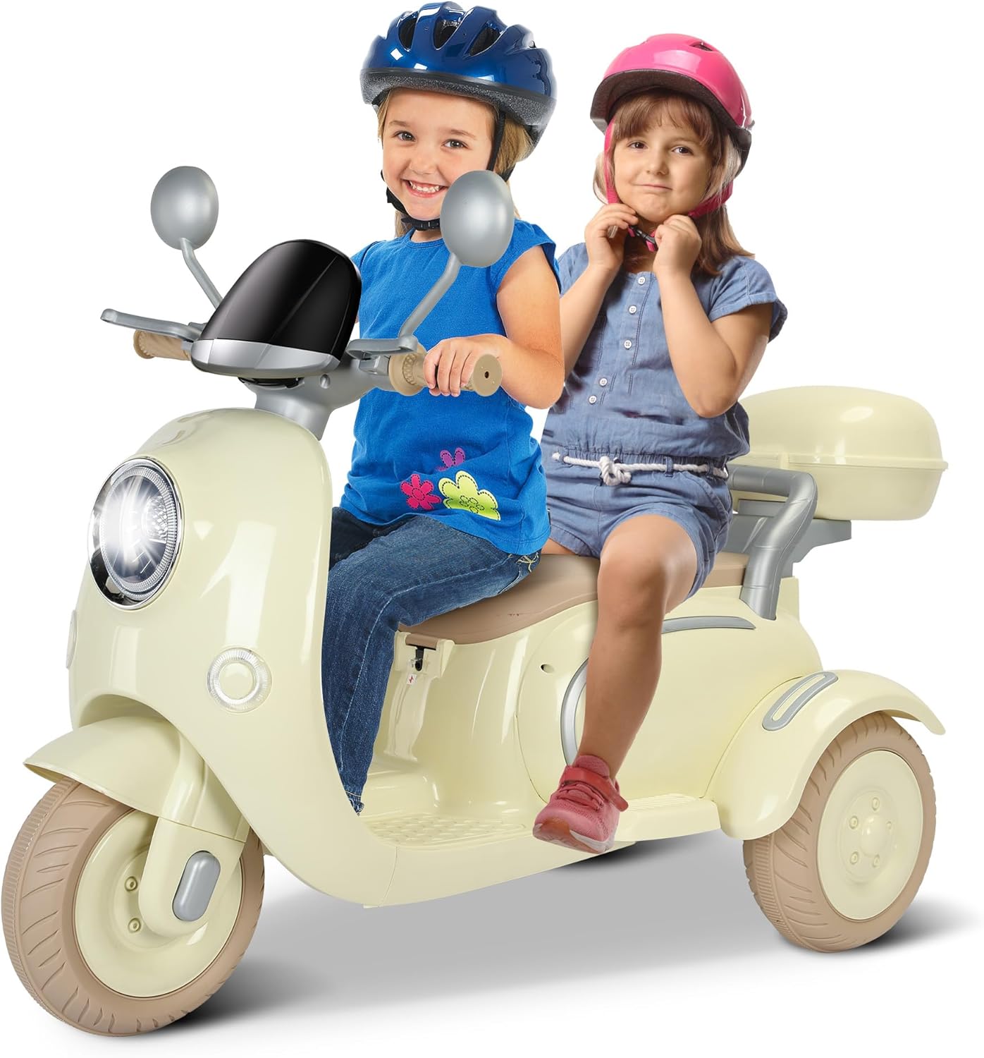 12V Kids Electric Motorcycle, 3 Wheel 2 Seater Ride on Motorcycle with 2.4G Parental Remote Control, Music, Horn, Light, Big Storage Box, Dual Motor Electric Motorcycle for Kids 3-8