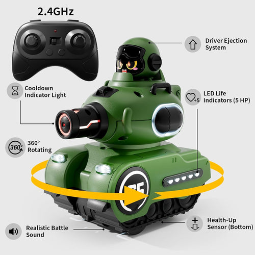 2 Pack Cute Cartoon Remote Control Battle Tanks with Laser tag|Hobby RC Cars Shoot to Ejected Out|Military Army Toys for 6 7 8 Year Old Boys Girls | Christmas Birthday Gifts for 8-12