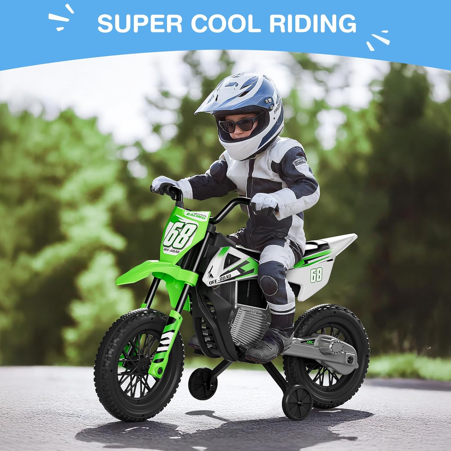 S6 12V Kids Motorcycle, 2x25W Ride on Motorbike, Equipped with Safety Training Wheels, Self-Control Throttle Grip, Bluetooth, Multi Music, Spring Suspension, Idea Present for Little Kids