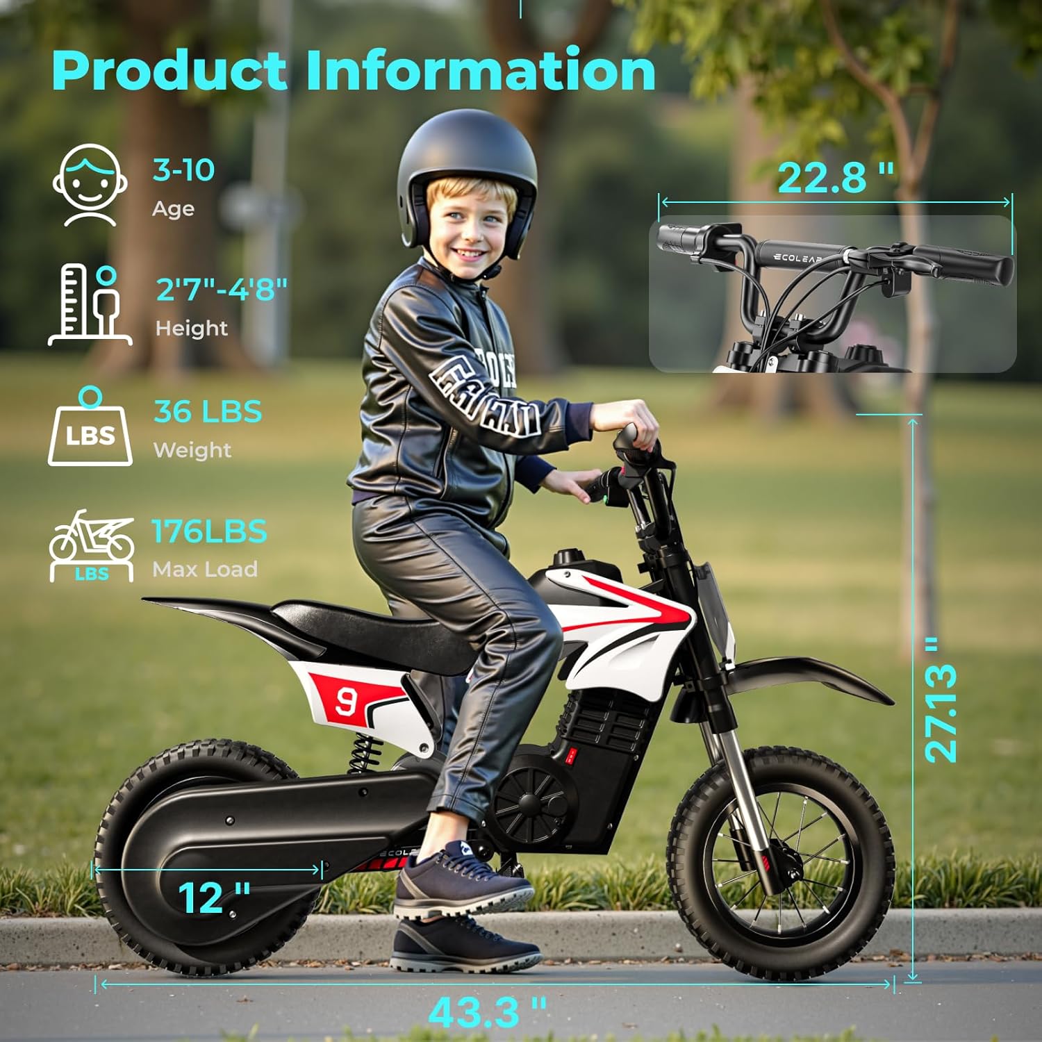 K1 Kids Electric Dirt Bike 36V Motorcycle,16MPH Fast Speed 14 Mile Long-Range,700W Peak 3-Speed Modes Electric Bike for Kids Ages 3-10