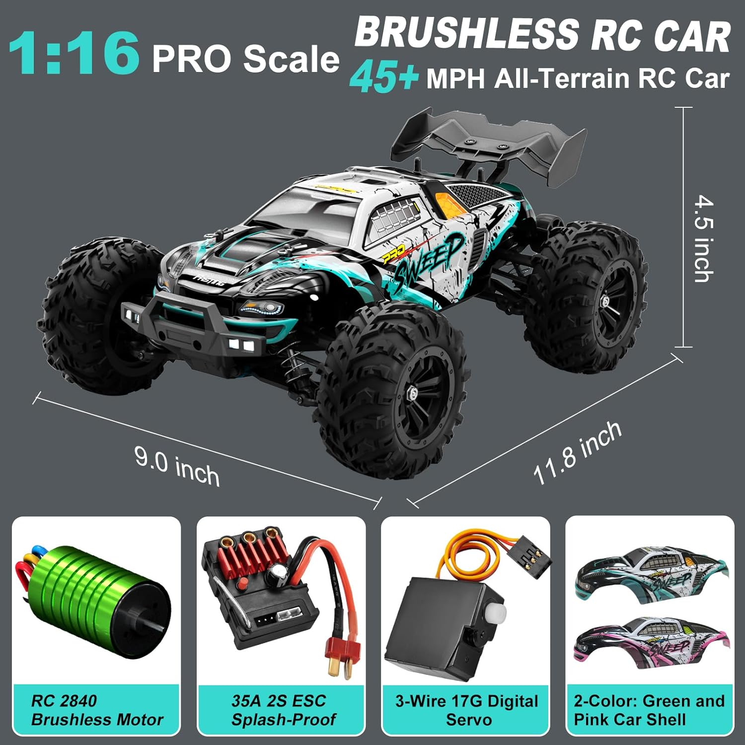 1:16 Scale Brushless RC Car for Adults, 45+ MPH High Speed, 4WD Waterproof Off-Road All-Terrain RC Truck with 2 Batteries & 2.4GHz Controller