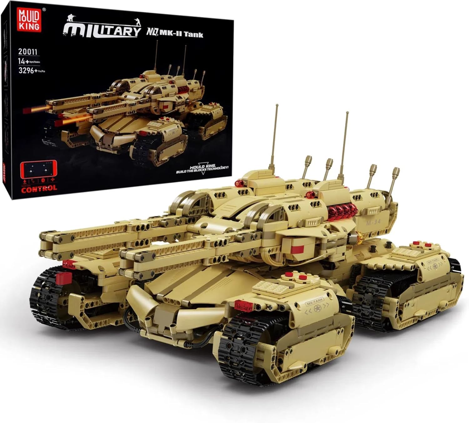 Mould King 20011 Technology MOC Building Block Mammoth Tank, Remote Control Rechargeable RC Tank Model Kit for Adults