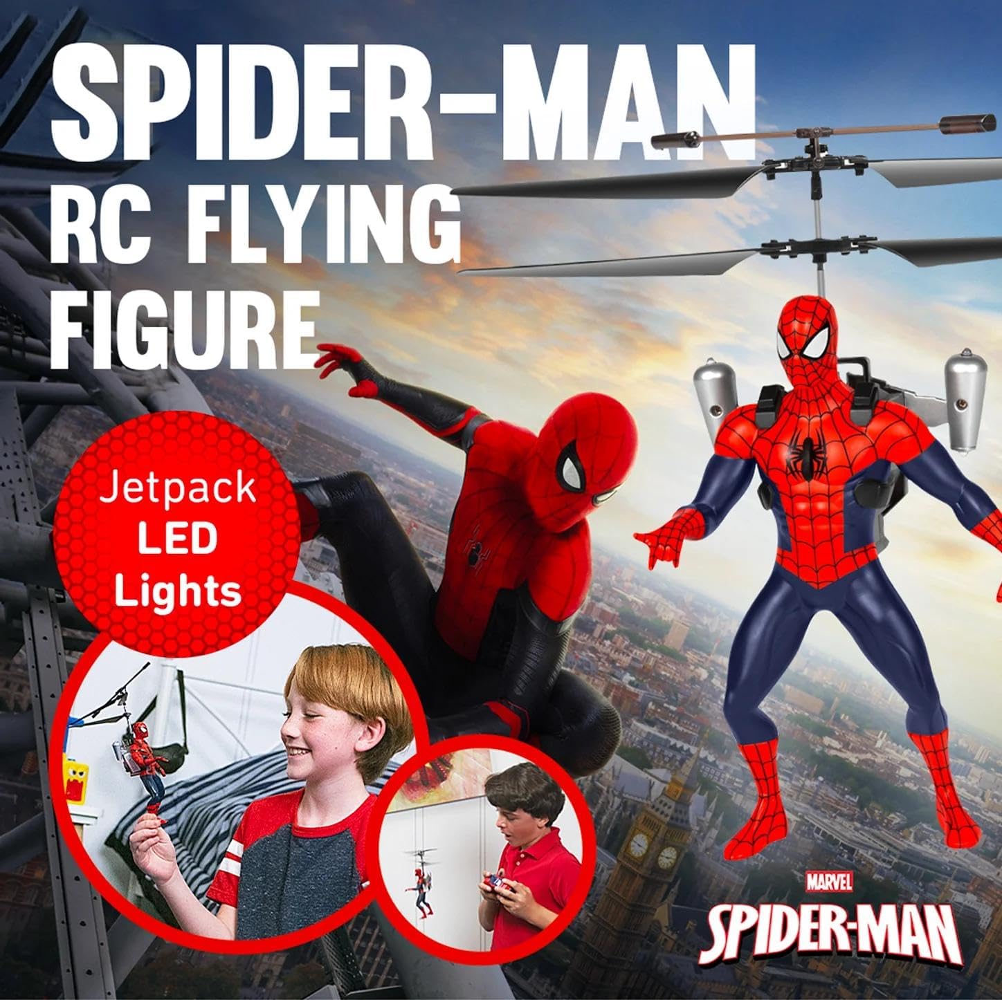 World Tech Toys Marvel Spider-Man IR RC Flying Figure – Jetpack Helicopter with LED Lights & Action Phrases, Twin Rotors - Spiderman Toys for Ages 8+