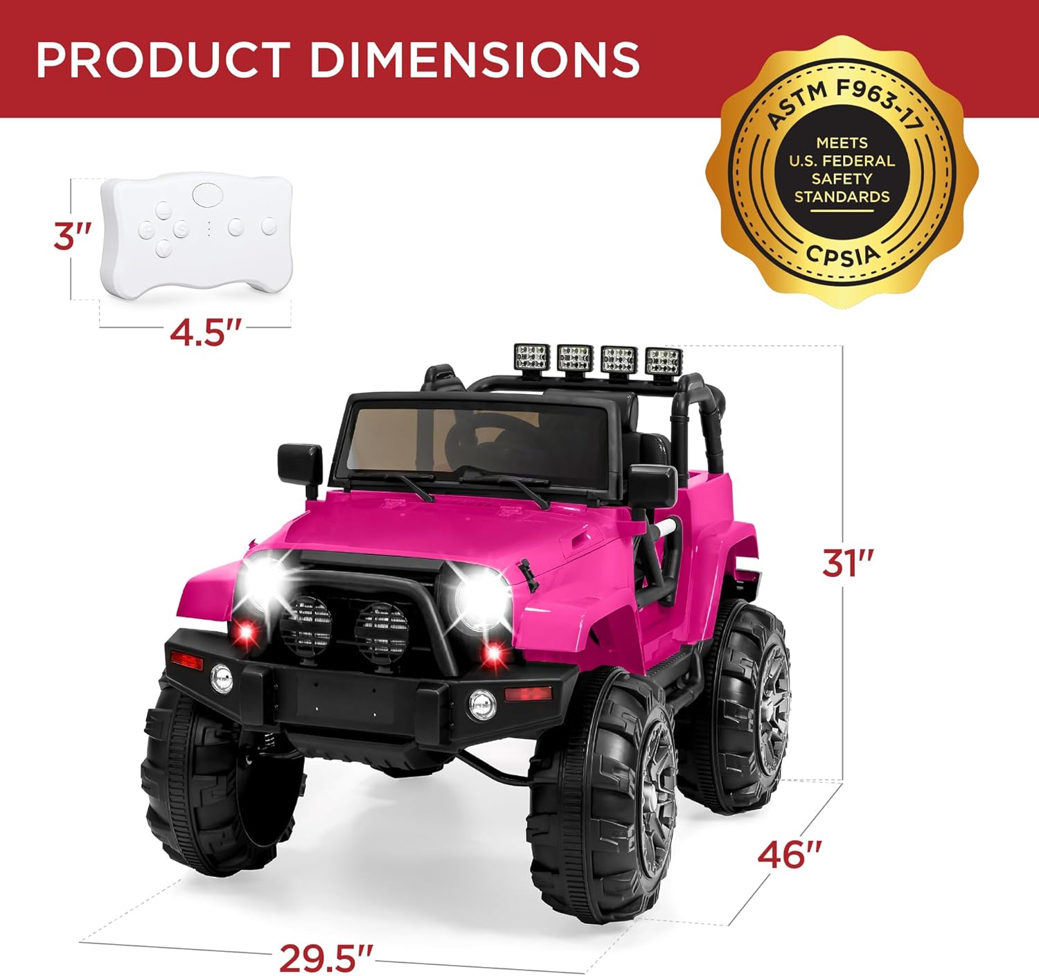 Tengen Kids 12V Ride On Truck, Battery Powered Toy Car w/Spring Suspension, Remote Control, 3 Speeds, LED Lights, Bluetooth - Purple