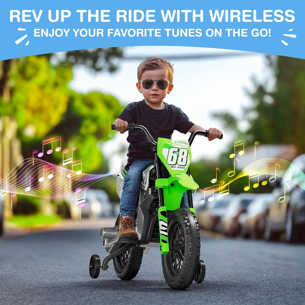 S6 12V Kids Motorcycle, 2x25W Ride on Motorbike, Equipped with Safety Training Wheels, Self-Control Throttle Grip, Bluetooth, Multi Music, Spring Suspension, Idea Present for Little Kids