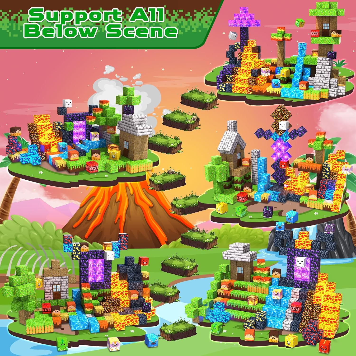 Magnetic Blocks - 300 PCS with Light Up Blocks Dinosaur Volcano Forest Castle Set - Kids Classroom Sensory Toy for Toddlers STEM, Construction Stacking Toy Kids 3+ Boys Girls Christmas Birthday Gifts