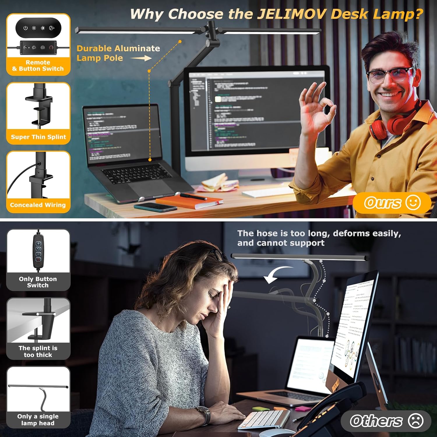 Dual Screen Computer Monitor Light with Stepless Dimming, Stepless Color Temp, Memory Function for Study