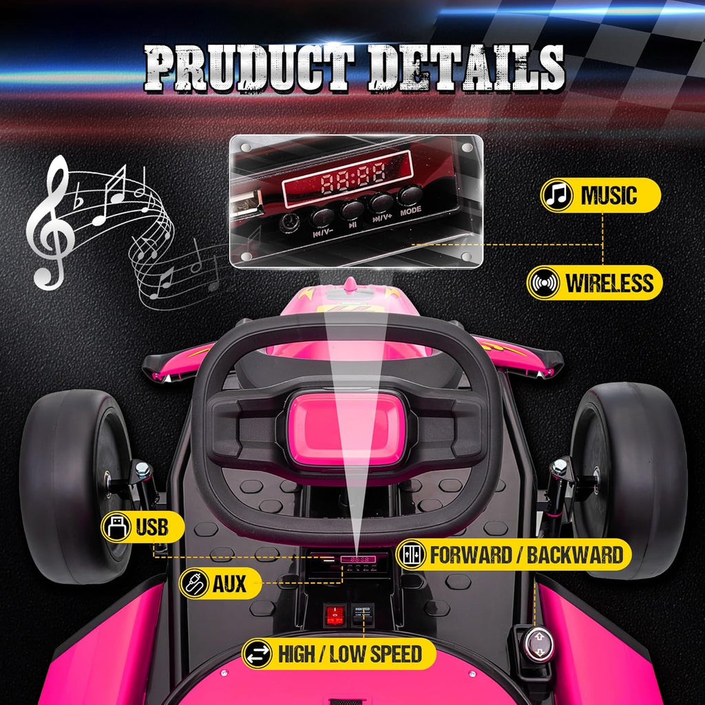 24V Electric Go Kart, Drift Car Outdoor Ride on Toy with EVA Tires, 400W Motor, 8.1 MPH, Music, Wireless, Drift Mode and 2 Speed, Crazy Go Cart for Kids 6-12 Years Old