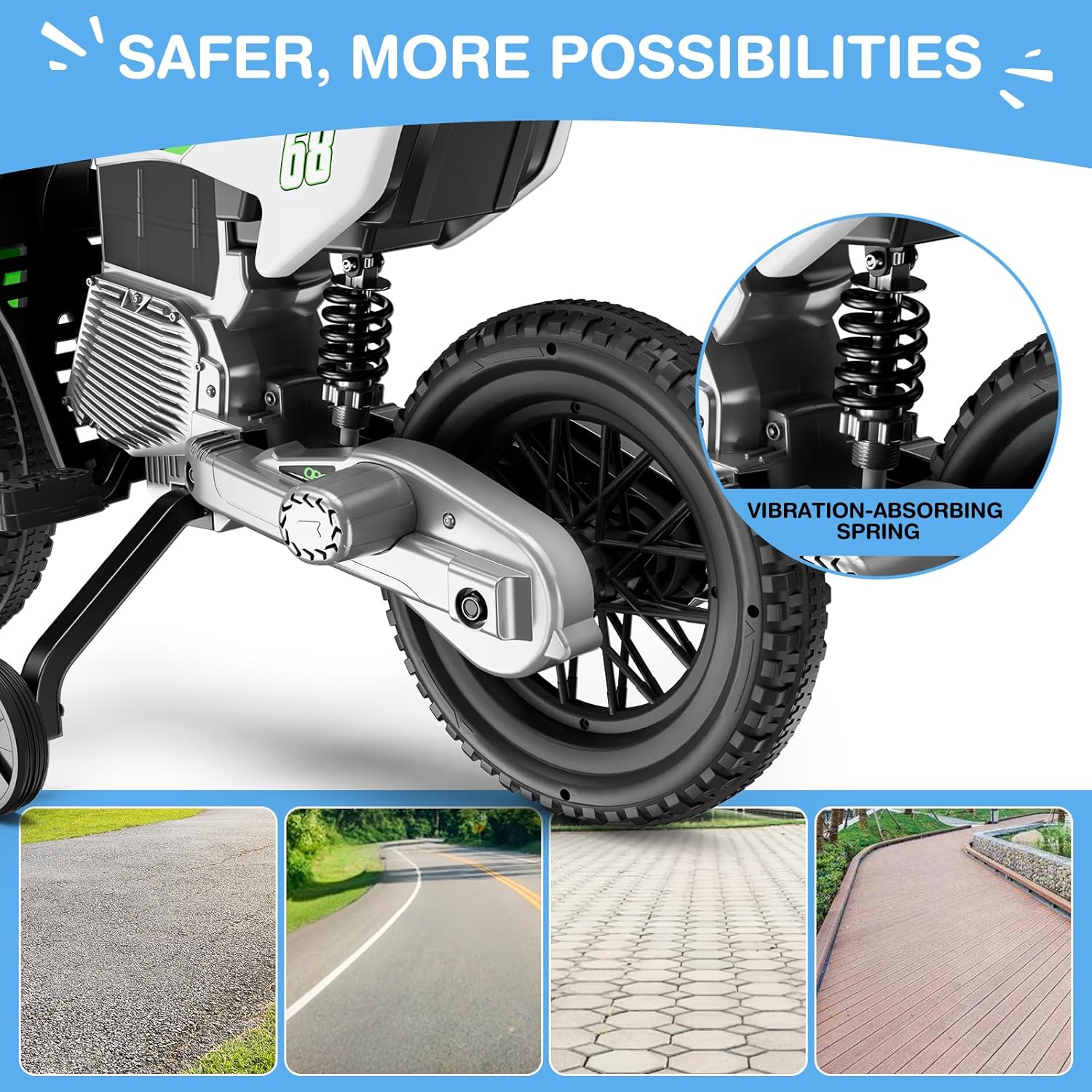 S6 12V Kids Motorcycle, 2x25W Ride on Motorbike, Equipped with Safety Training Wheels, Self-Control Throttle Grip, Bluetooth, Multi Music, Spring Suspension, Idea Present for Little Kids