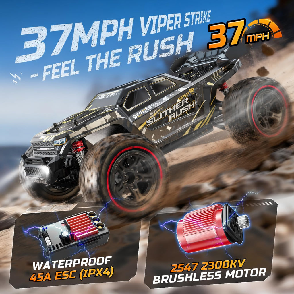 DEERC 209E 1:10 Brushless RC Truck, 60+ KMH High Speed 4WD All Terrain Off-Road Hobby Grade RC Car, Waterproof Crawler Buggy with 2x3S Batteries & Extra Swing Arms, Gift for Adults & Boys