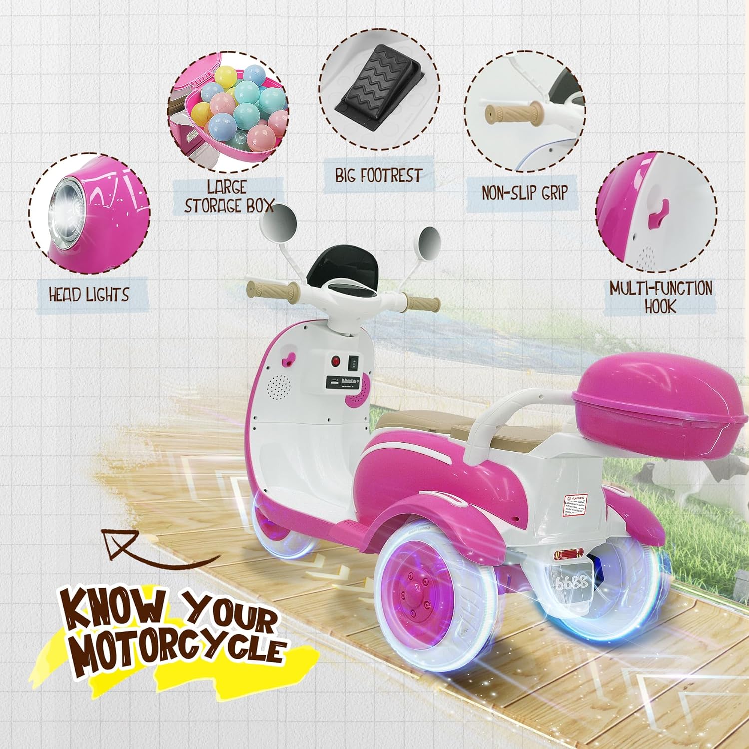 12V Kids Electric Motorcycle, 3 Wheel 2 Seater Ride on Motorcycle with 2.4G Parental Remote Control, Music, Horn, Light, Big Storage Box, Dual Motor Electric Motorcycle for Kids 3-8