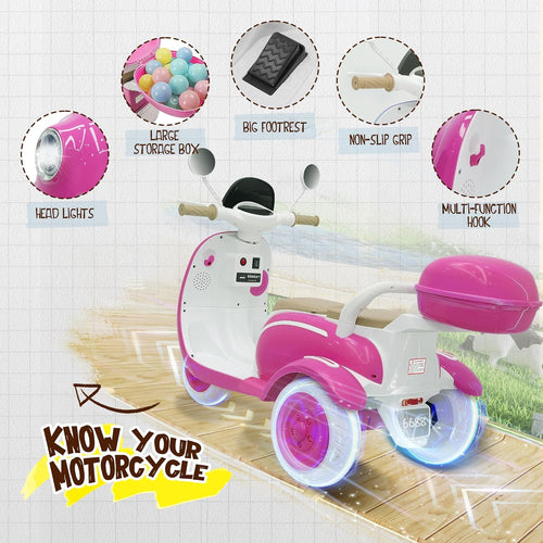 12V Kids Electric Motorcycle, 3 Wheel 2 Seater Ride on Motorcycle with 2.4G Parental Remote Control, Music, Horn, Light, Big Storage Box, Dual Motor Electric Motorcycle for Kids 3-8