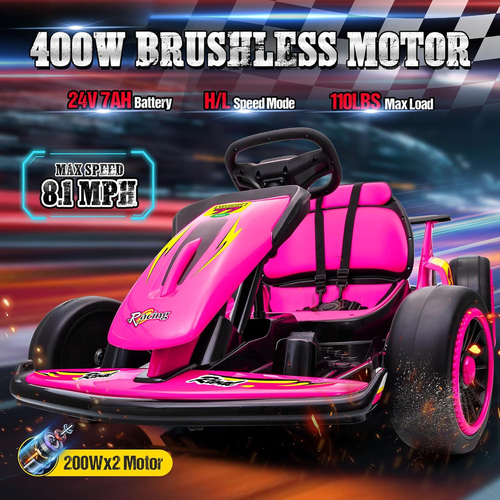 24V Electric Go Kart, Drift Car Outdoor Ride on Toy with EVA Tires, 400W Motor, 8.1 MPH, Music, Wireless, Drift Mode and 2 Speed, Crazy Go Cart for Kids 6-12 Years Old