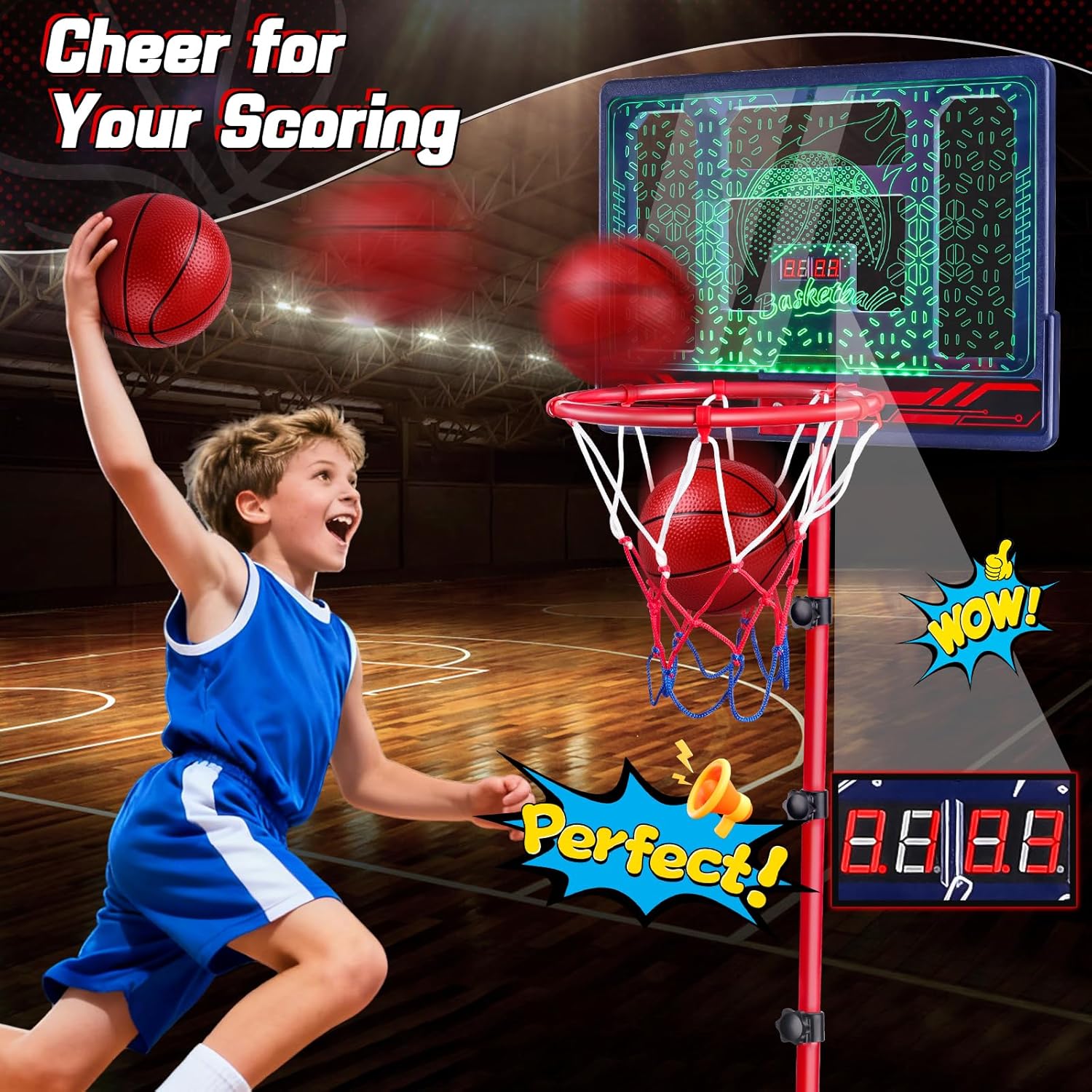 Basketball Hoop for Kids 3 4 5 6 7 8 Years Old, Electronic Basketball Goal with Adjustable Stand, 7 LED Lights & Scoreboard, Indoor Outdoor Sports Toy, Birthday for Kids Boys Ages 3-12