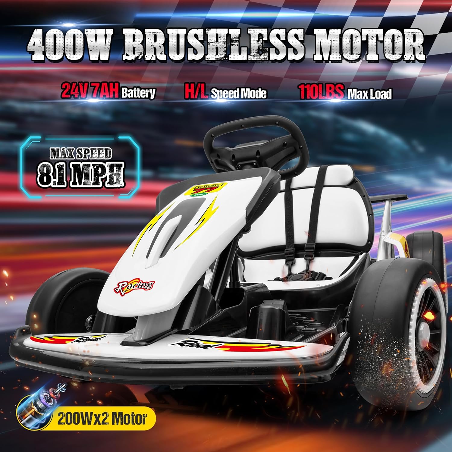 24V Electric Go Kart, Drift Car Outdoor Ride on Toy with EVA Tires, 400W Motor, 8.1 MPH, Music, Wireless, Drift Mode and 2 Speed, Crazy Go Cart for Kids 6-12 Years Old