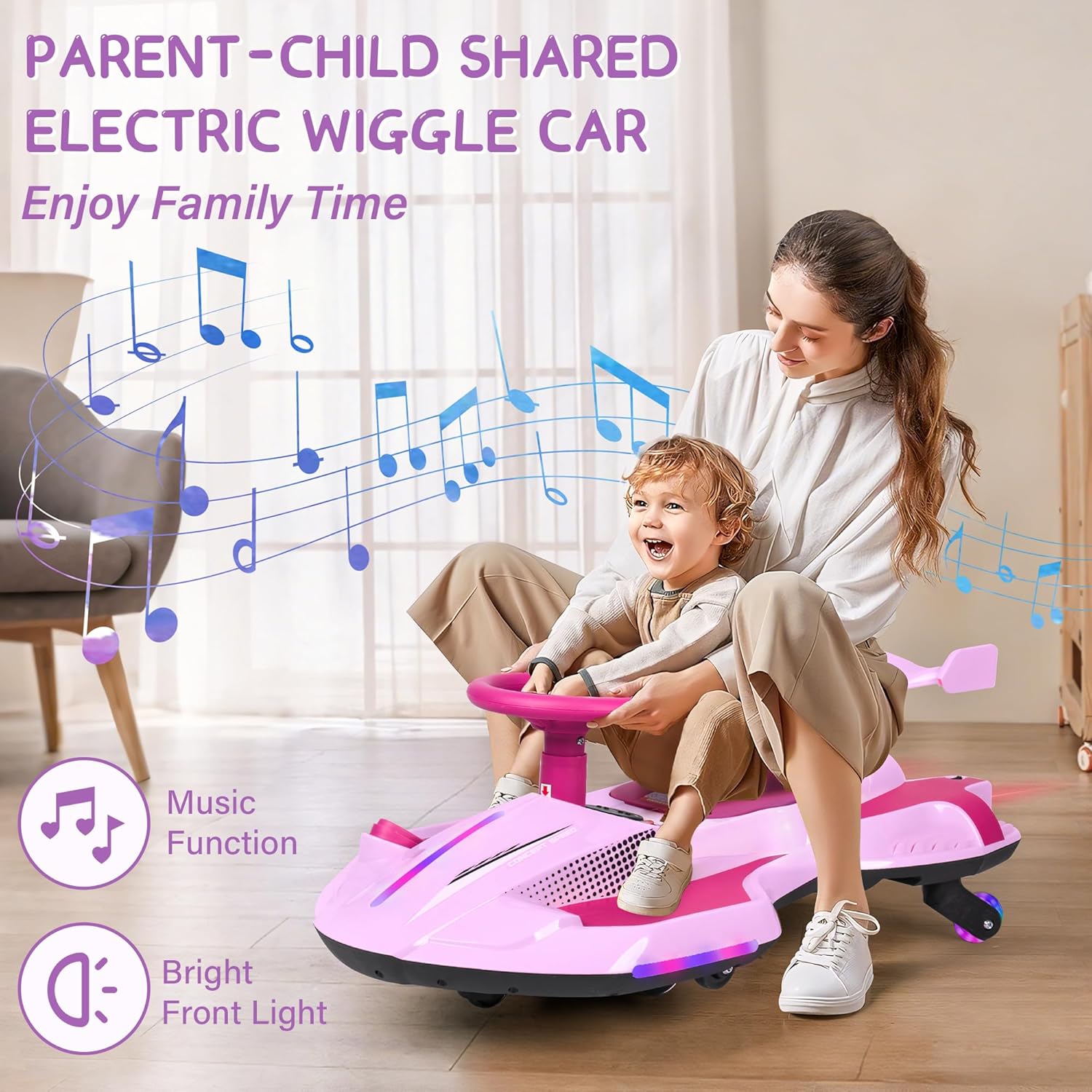 12V Electric Wiggle Car with Pedal for Kids, Rechargeable 2 in 1 Swing Car, Drifting Ride On Toys with Backrest, Anti-Rollover, Spray, Flashing Light, Music, for Ages 3 and Up