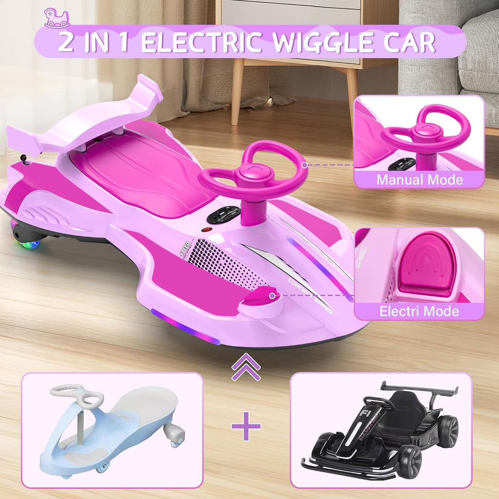 12V Electric Wiggle Car with Pedal for Kids, Rechargeable 2 in 1 Swing Car, Drifting Ride On Toys with Backrest, Anti-Rollover, Spray, Flashing Light, Music, for Ages 3 and Up