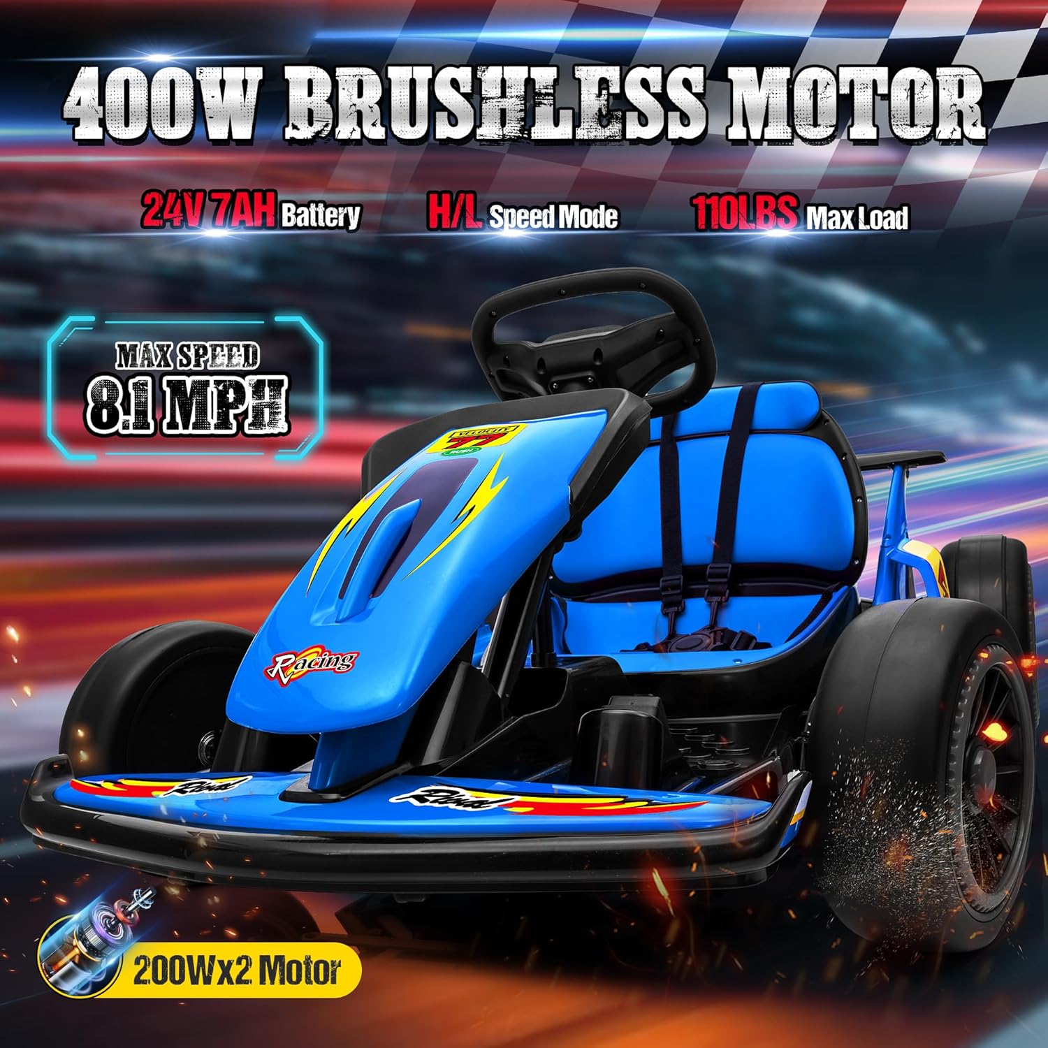 24V Electric Go Kart, Drift Car Outdoor Ride on Toy with EVA Tires, 400W Motor, 8.1 MPH, Music, Wireless, Drift Mode and 2 Speed, Crazy Go Cart for Kids 6-12 Years Old