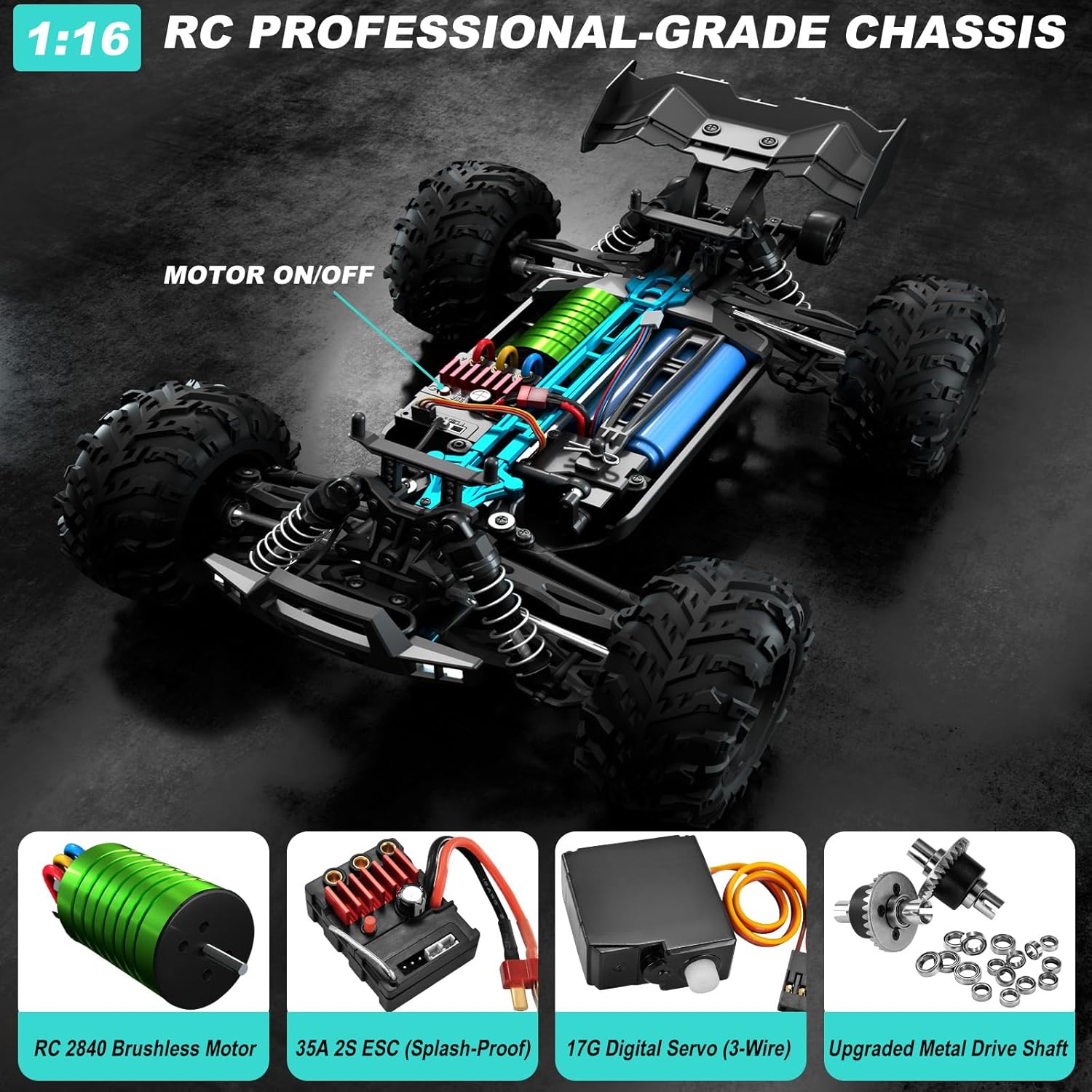 1:16 Scale Brushless RC Car for Adults, 45+ MPH High Speed, 4WD Waterproof Off-Road All-Terrain RC Truck with 2 Batteries & 2.4GHz Controller