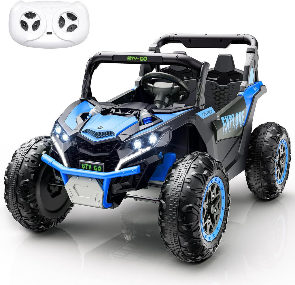 Tengen 2 Seater Kids Ride on Car, Electric 4WD Off-Road UTV Truck, 7Ah Large Battery Kids Electric Car with Remote Control, Safety Belt, Horn, Music, and Lights for Aged 3-8 Years Blue