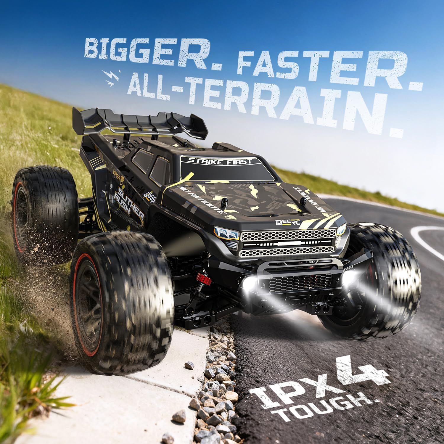 DEERC 209E 1:10 Brushless RC Truck, 60+ KMH High Speed 4WD All Terrain Off-Road Hobby Grade RC Car, Waterproof Crawler Buggy with 2x3S Batteries & Extra Swing Arms, Gift for Adults & Boys