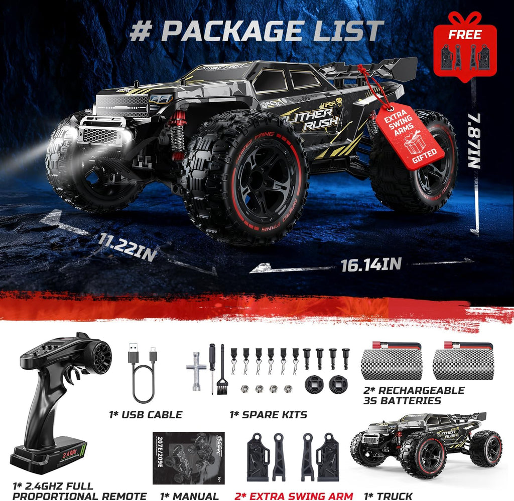 DEERC 209E 1:10 Brushless RC Truck, 60+ KMH High Speed 4WD All Terrain Off-Road Hobby Grade RC Car, Waterproof Crawler Buggy with 2x3S Batteries & Extra Swing Arms, Gift for Adults & Boys