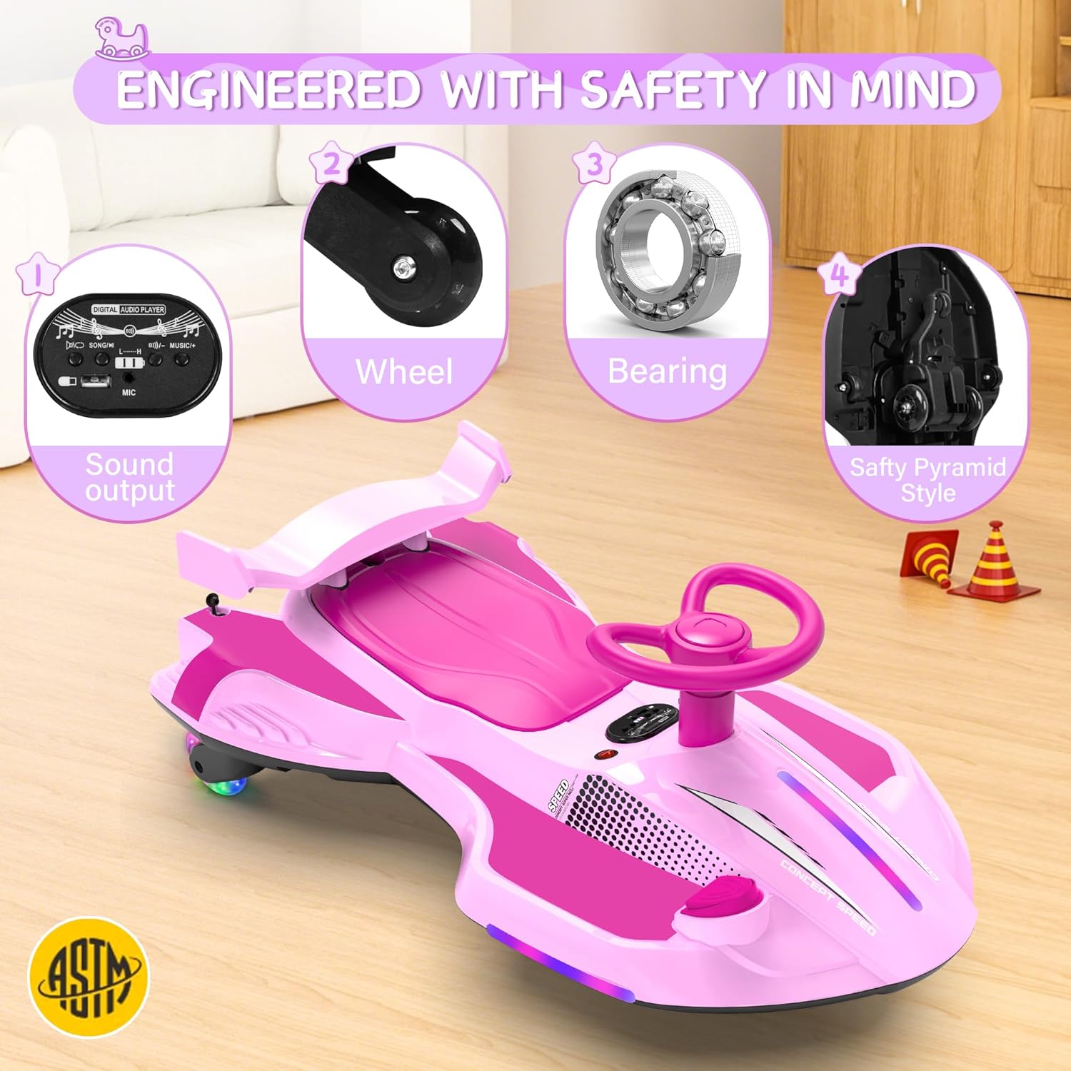 12V Electric Wiggle Car with Pedal for Kids, Rechargeable 2 in 1 Swing Car, Drifting Ride On Toys with Backrest, Anti-Rollover, Spray, Flashing Light, Music, for Ages 3 and Up