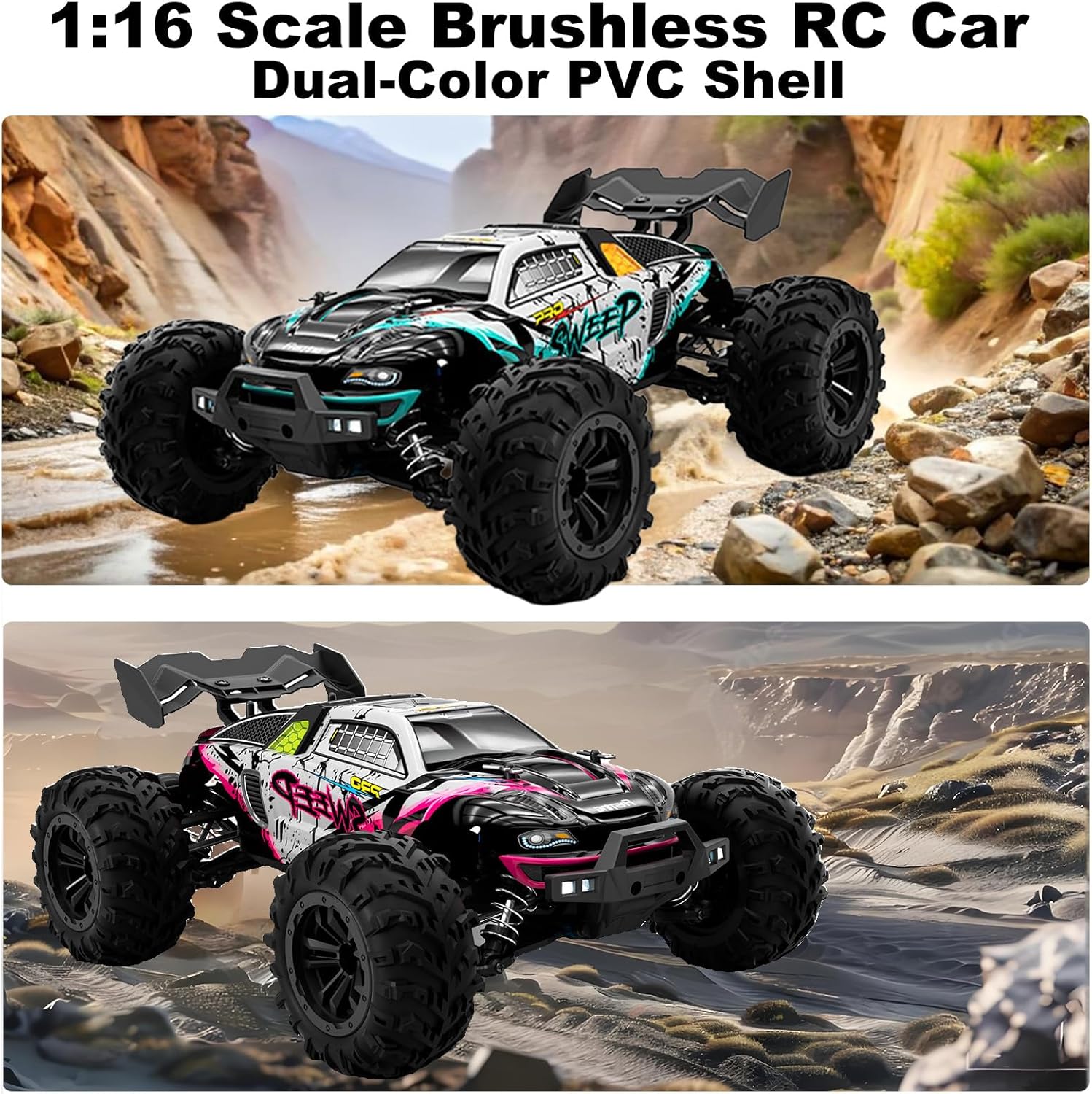 1:16 Scale Brushless RC Car for Adults, 45+ MPH High Speed, 4WD Waterproof Off-Road All-Terrain RC Truck with 2 Batteries & 2.4GHz Controller