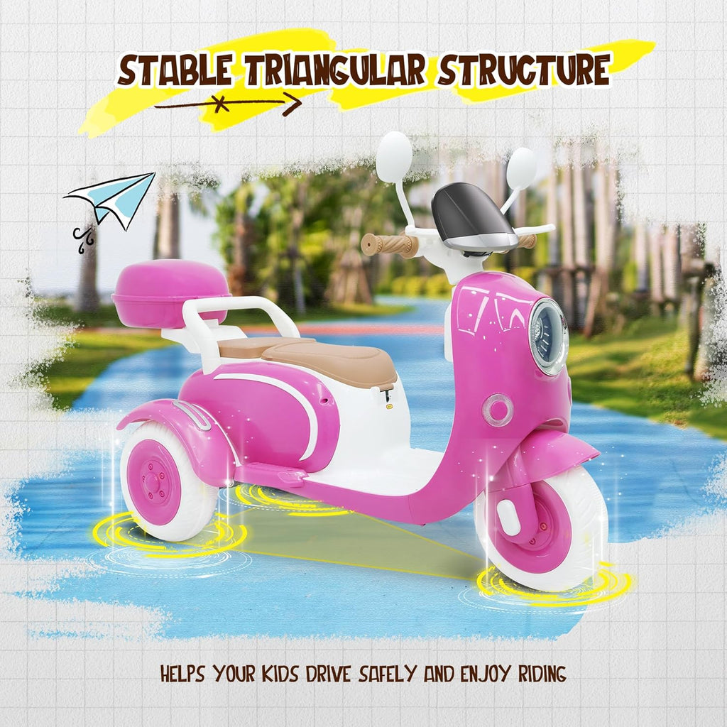 12V Kids Electric Motorcycle, 3 Wheel 2 Seater Ride on Motorcycle with 2.4G Parental Remote Control, Music, Horn, Light, Big Storage Box, Dual Motor Electric Motorcycle for Kids 3-8