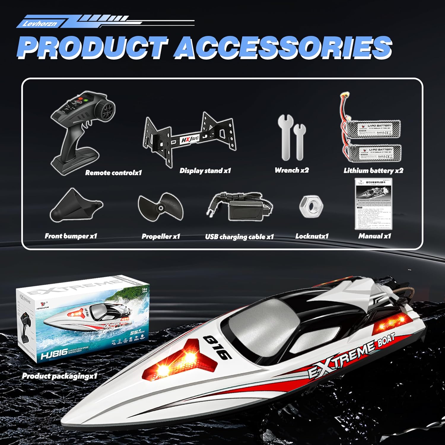 34+MPH Brushless RC Boat for Adults & Kids with 2 Rechargable Batteries- Large 19” Remote Control Boat Toy, HJ816 Rc Speed Boats for Lakes & Rivers (Grey)