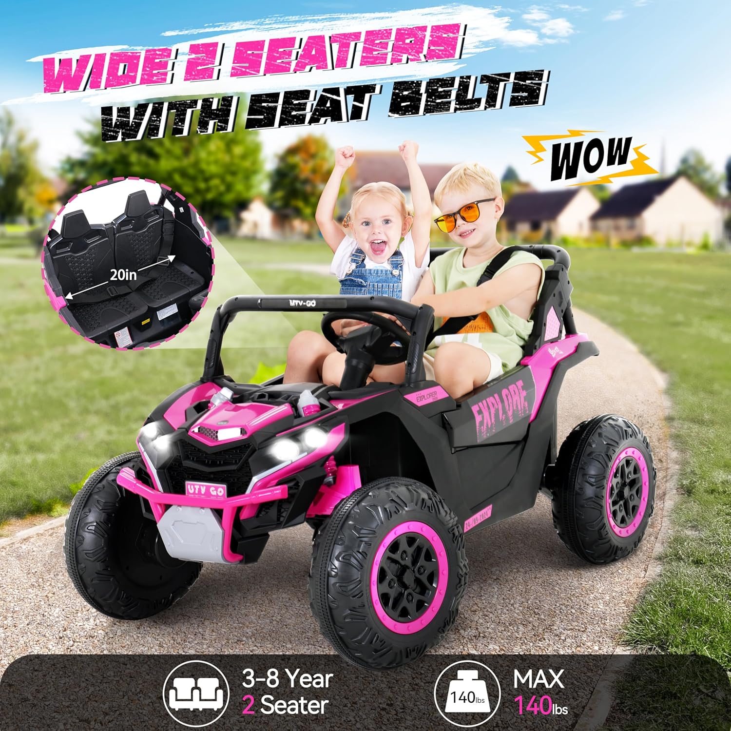 Tengen 2 Seater Kids Ride on Car, Electric 4WD Off-Road UTV Truck, 7Ah Large Battery Kids Electric Car with Remote Control, Safety Belt, Horn, Music, and Lights for Aged 3-8 Years Blue