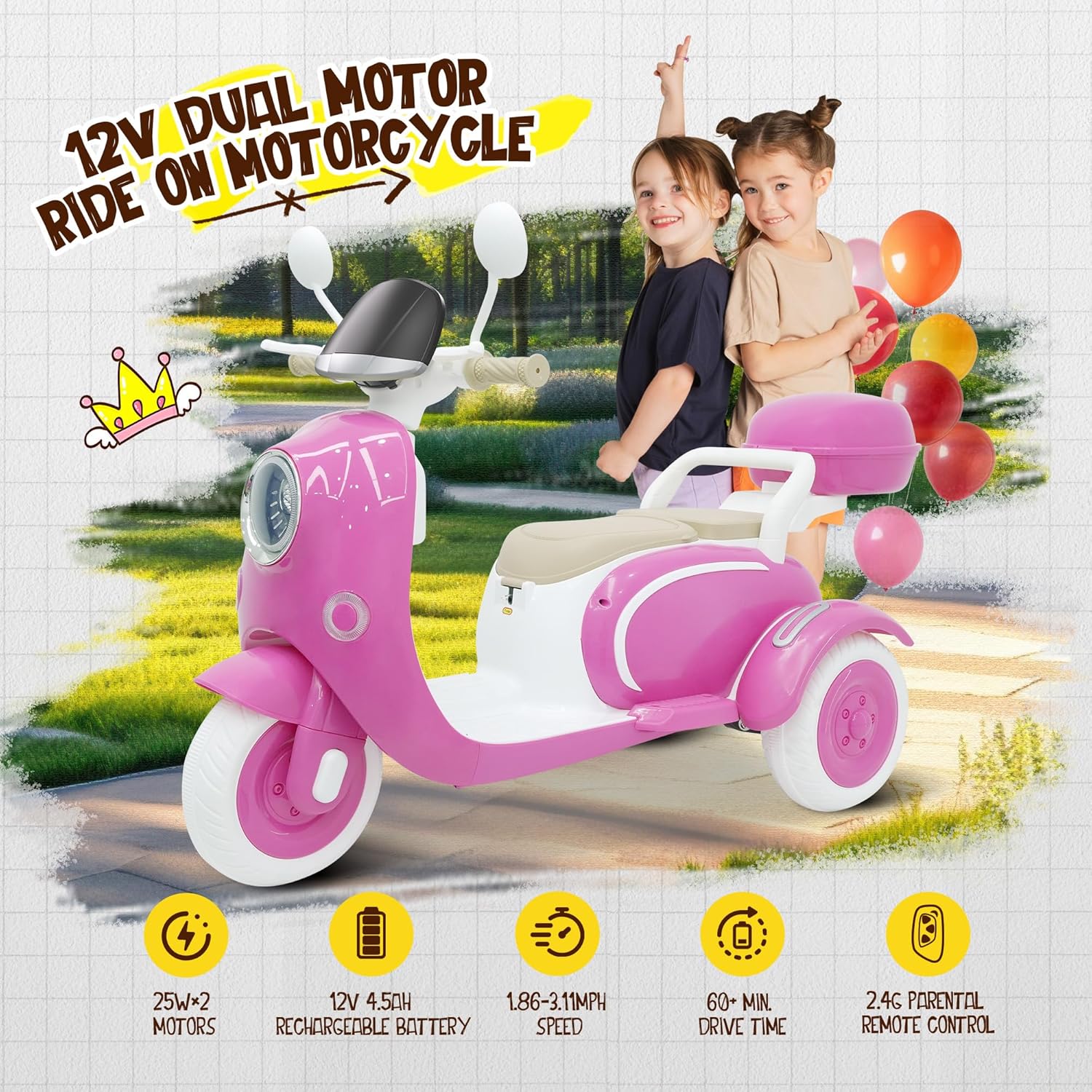 12V Kids Electric Motorcycle, 3 Wheel 2 Seater Ride on Motorcycle with 2.4G Parental Remote Control, Music, Horn, Light, Big Storage Box, Dual Motor Electric Motorcycle for Kids 3-8