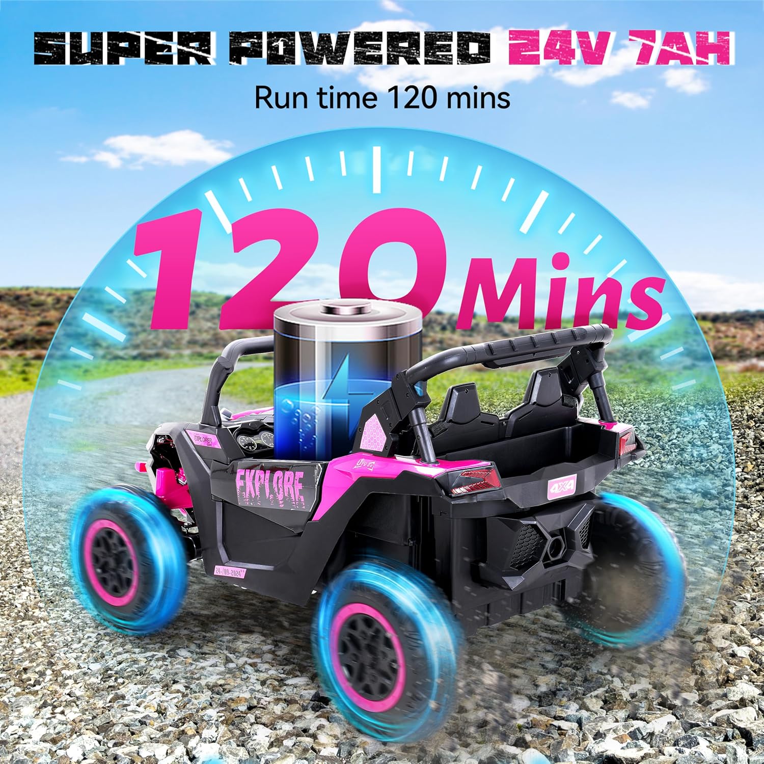 Tengen 2 Seater Kids Ride on Car, Electric 4WD Off-Road UTV Truck, 7Ah Large Battery Kids Electric Car with Remote Control, Safety Belt, Horn, Music, and Lights for Aged 3-8 Years Blue