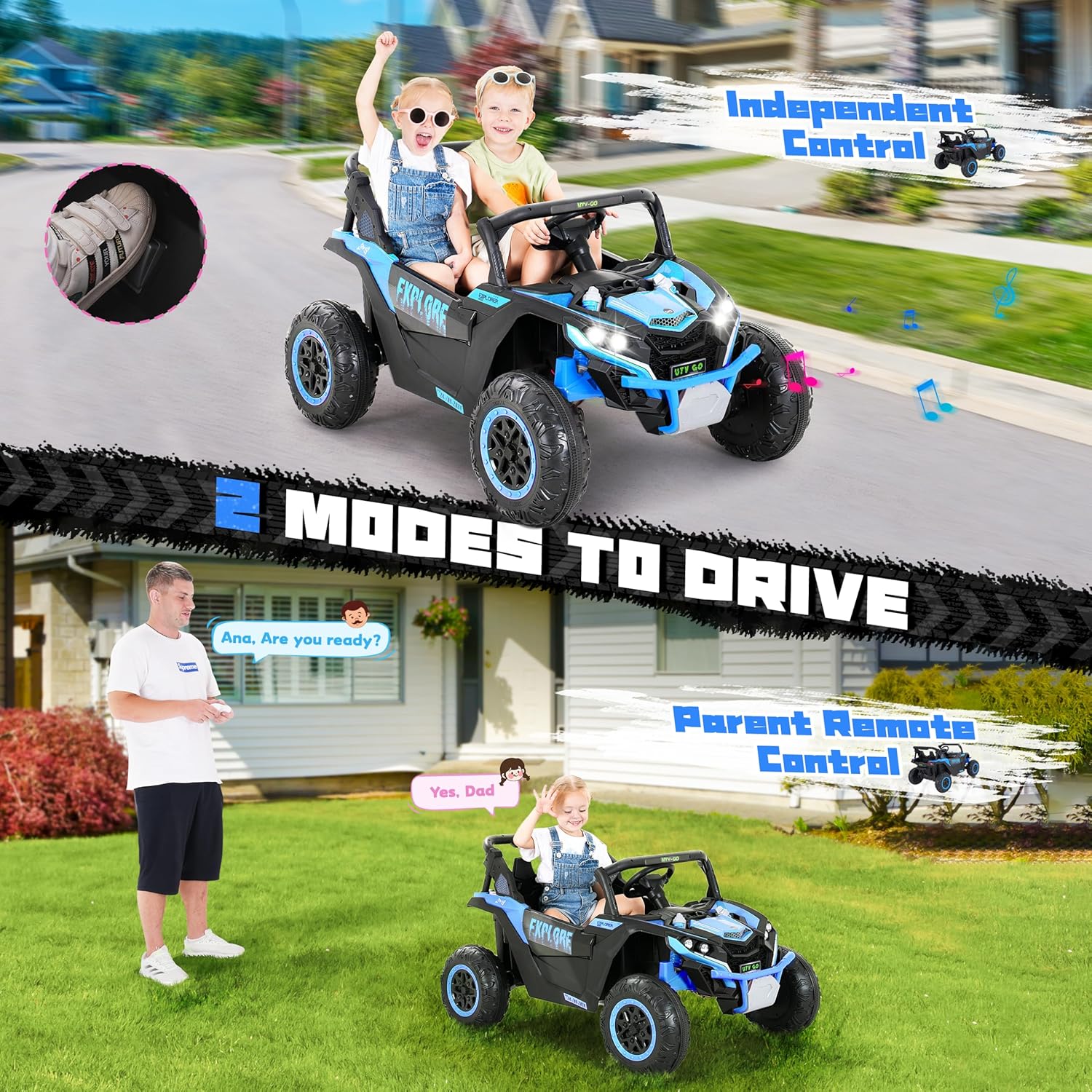 Tengen 2 Seater Kids Ride on Car, Electric 4WD Off-Road UTV Truck, 7Ah Large Battery Kids Electric Car with Remote Control, Safety Belt, Horn, Music, and Lights for Aged 3-8 Years Blue