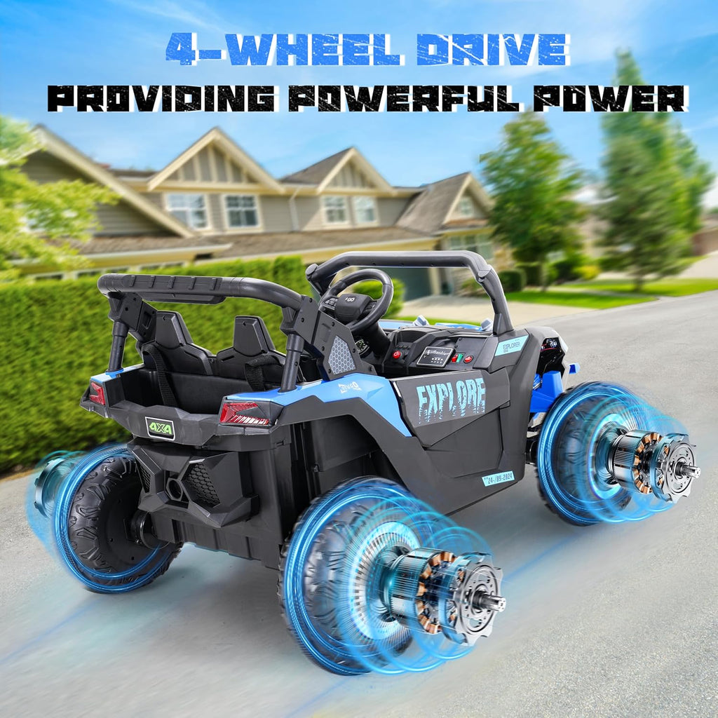 Tengen 2 Seater Kids Ride on Car, Electric 4WD Off-Road UTV Truck, 7Ah Large Battery Kids Electric Car with Remote Control, Safety Belt, Horn, Music, and Lights for Aged 3-8 Years Blue