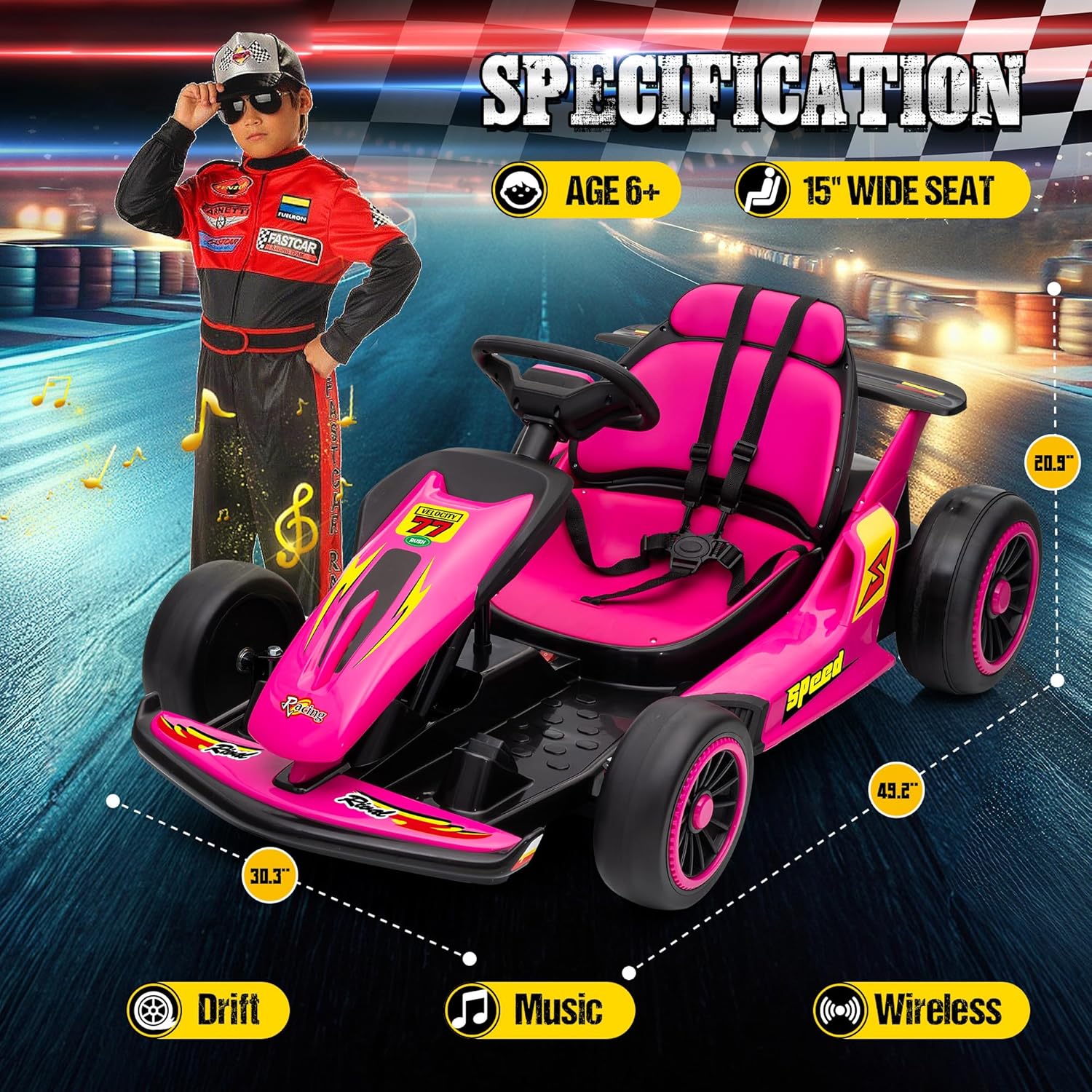 24V Electric Go Kart, Drift Car Outdoor Ride on Toy with EVA Tires, 400W Motor, 8.1 MPH, Music, Wireless, Drift Mode and 2 Speed, Crazy Go Cart for Kids 6-12 Years Old