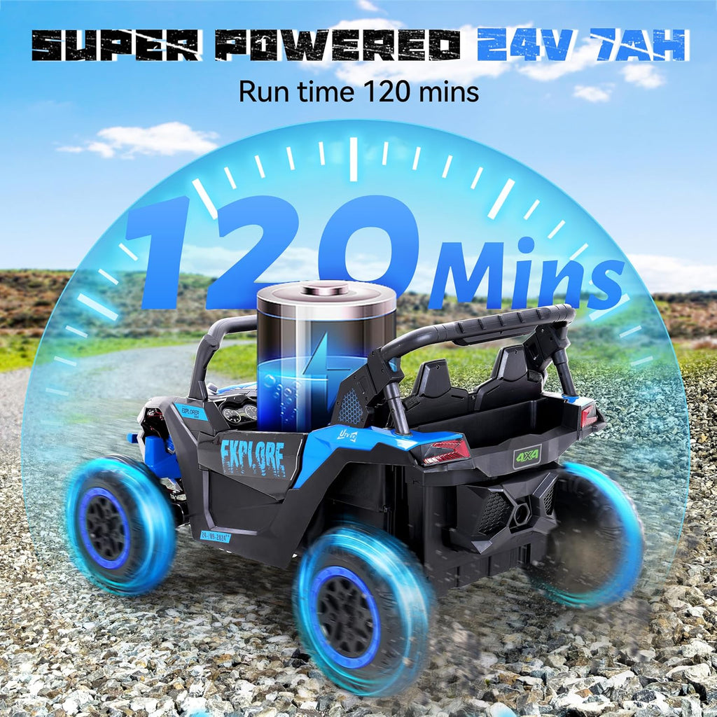 Tengen 2 Seater Kids Ride on Car, Electric 4WD Off-Road UTV Truck, 7Ah Large Battery Kids Electric Car with Remote Control, Safety Belt, Horn, Music, and Lights for Aged 3-8 Years Blue